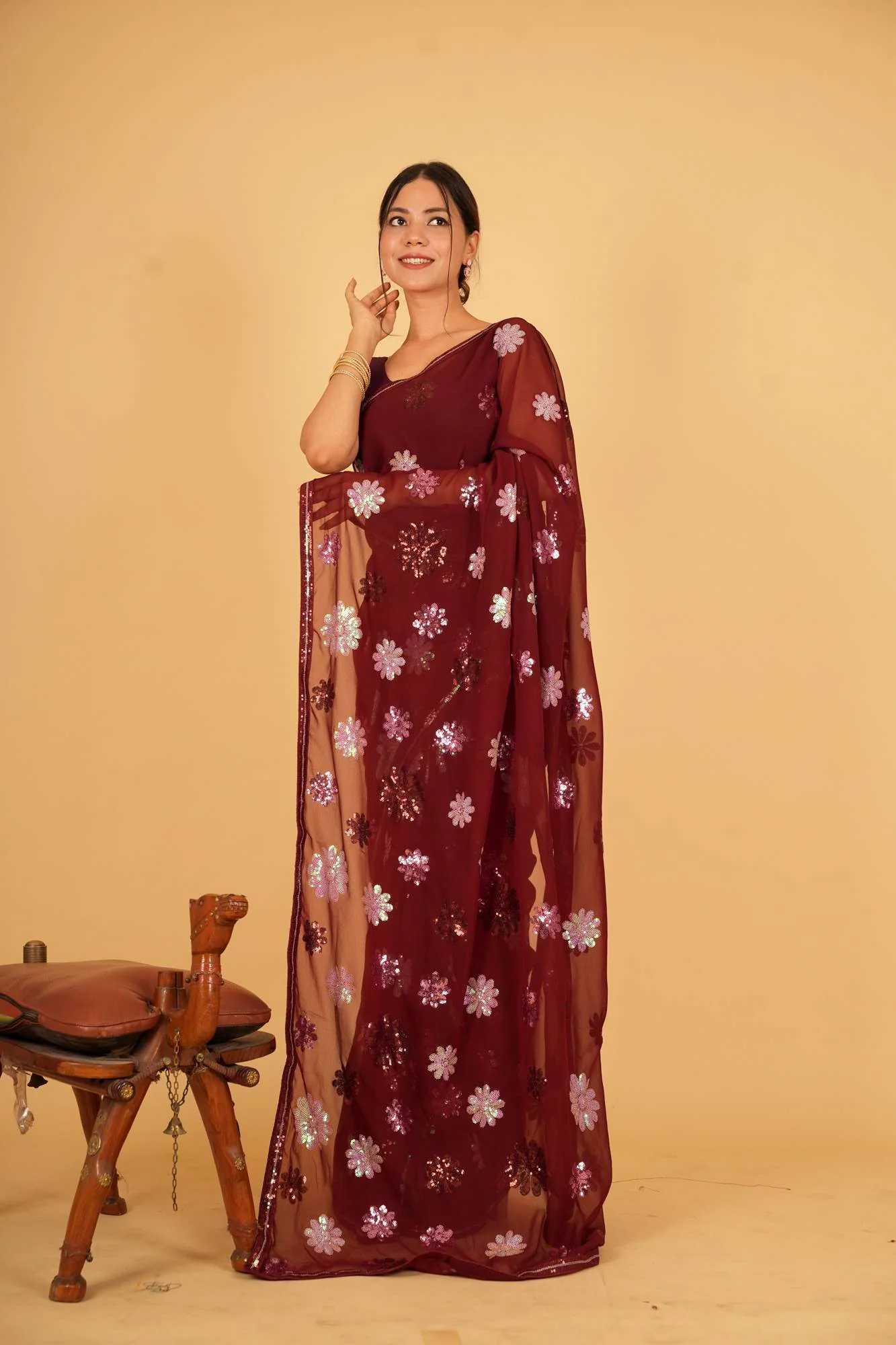 Ready To Wear  Georgette sequin Detail With  lace border saree - Image 5
