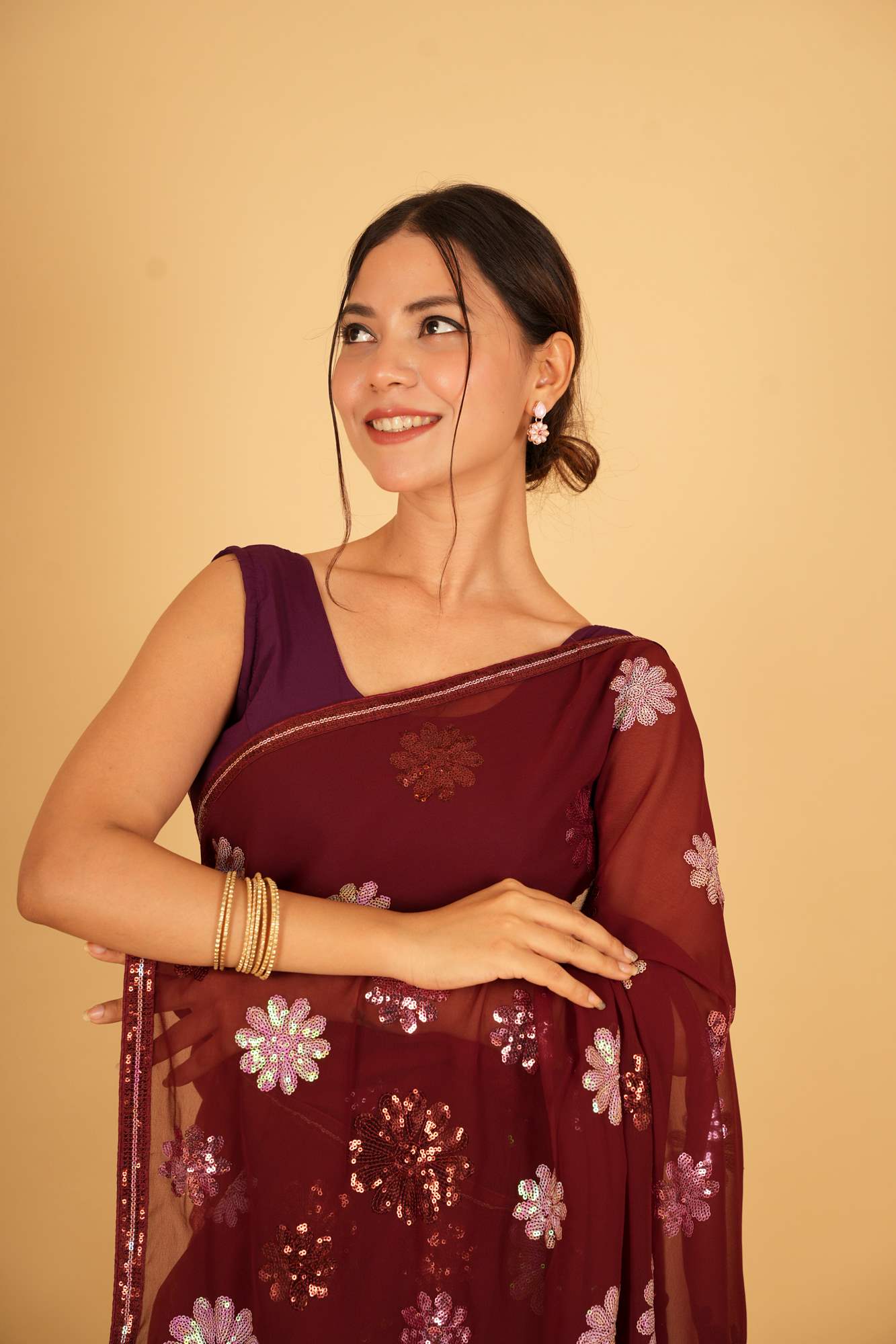 Ready To Wear  Georgette sequin Detail With  lace border saree - Image 7