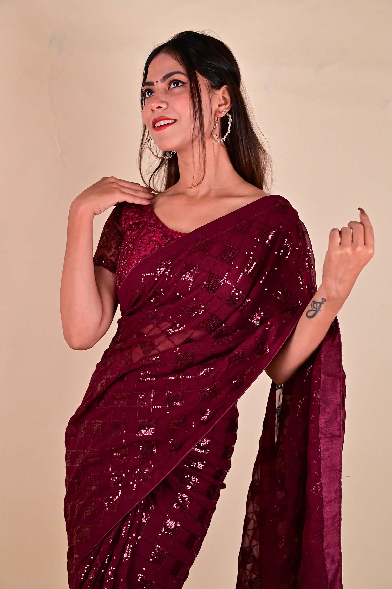 Ready To Wear Glamorous Embellished Red  sequins Work All Over Wrap in 1 minute saree - Image 10