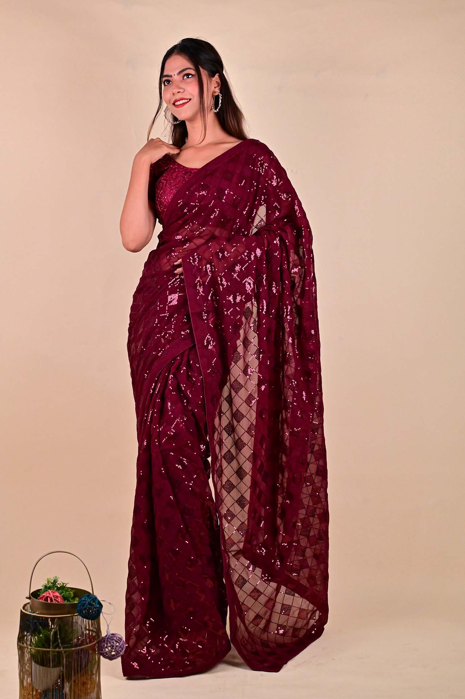 Ready To Wear Glamorous Embellished Red  sequins Work All Over Wrap in 1 minute saree - Image 6
