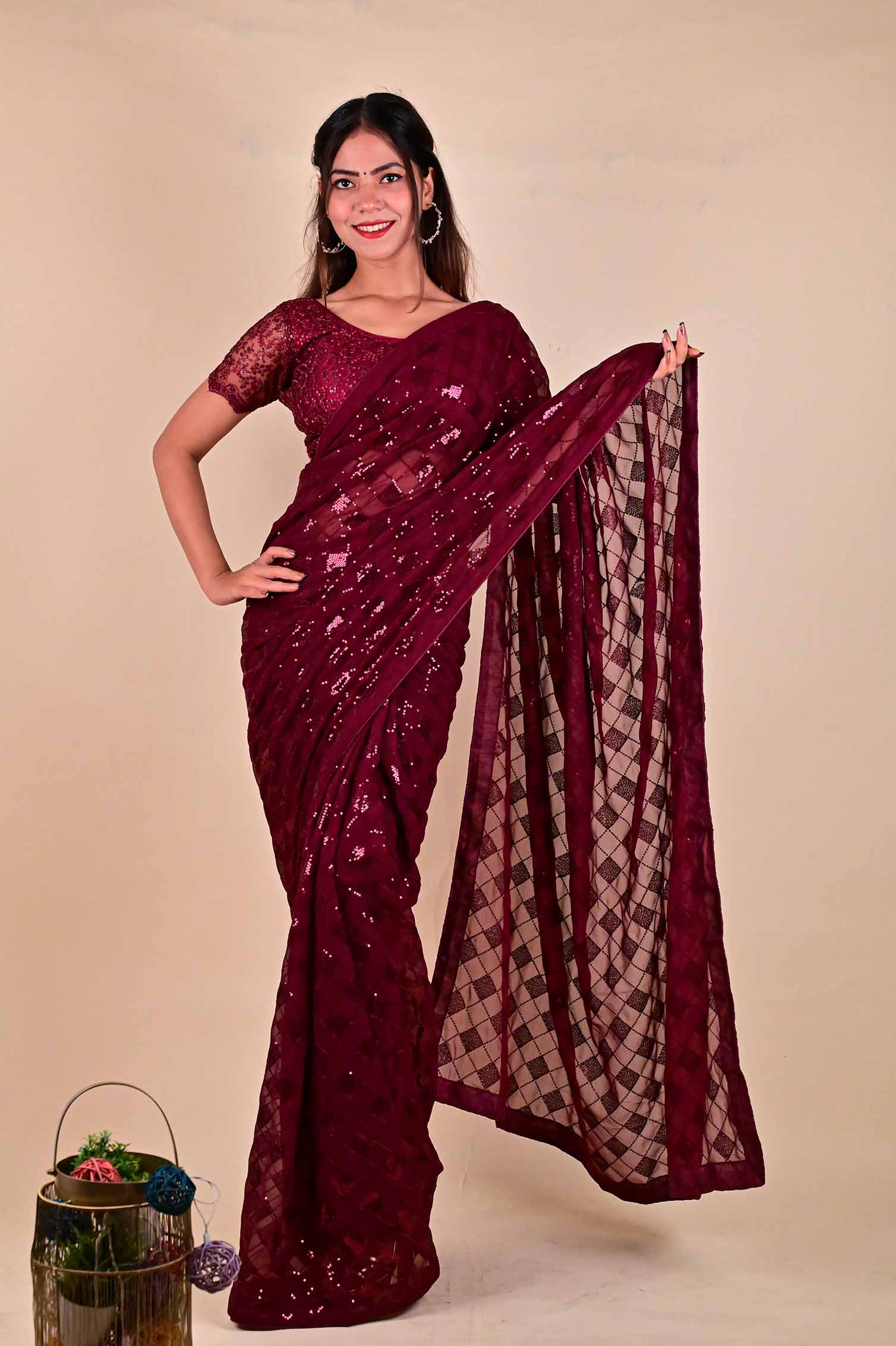 Ready To Wear Glamorous Embellished Red  sequins Work All Over Wrap in 1 minute saree - Image 7
