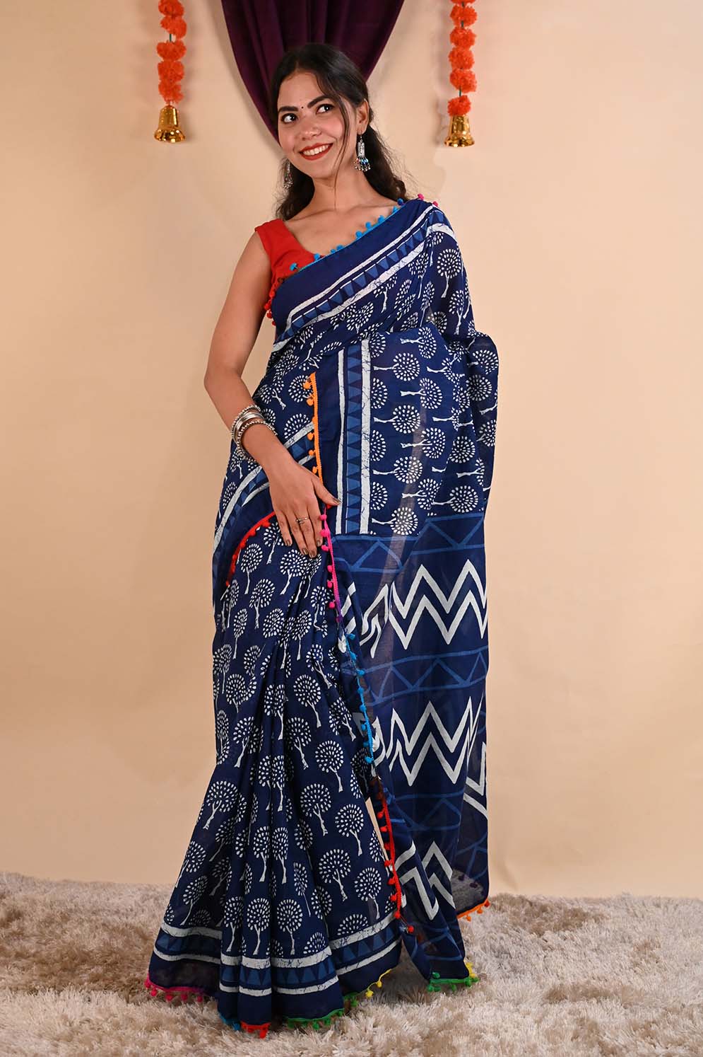 Ready to wear Indigo Blockprint Mul Mul Cotton With Pom Pom Wrap in 1 minute Saree - Image 3