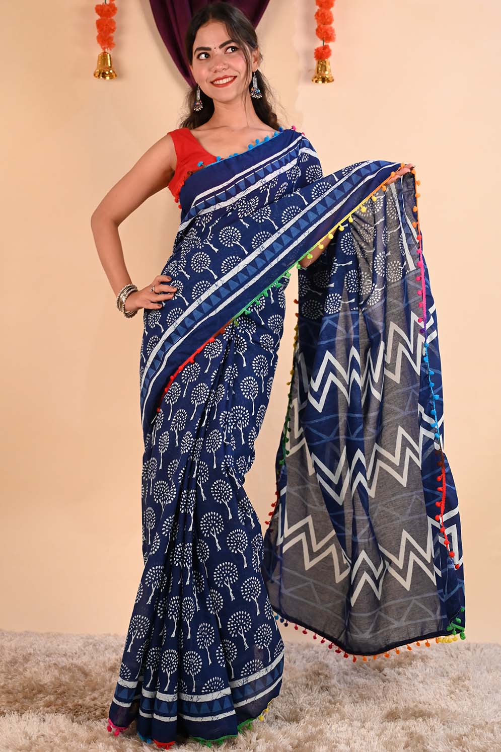 Ready to wear Indigo Blockprint Mul Mul Cotton With Pom Pom Wrap in 1 minute Saree - Image 4