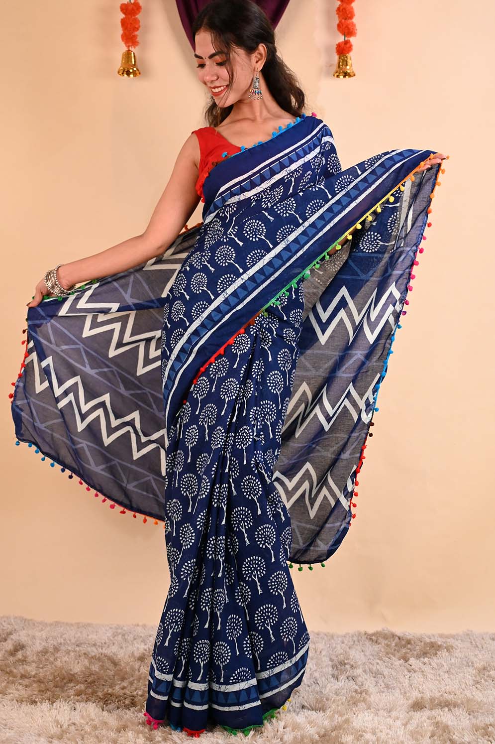 Ready to wear Indigo Blockprint Mul Mul Cotton With Pom Pom Wrap in 1 minute Saree - Image 5