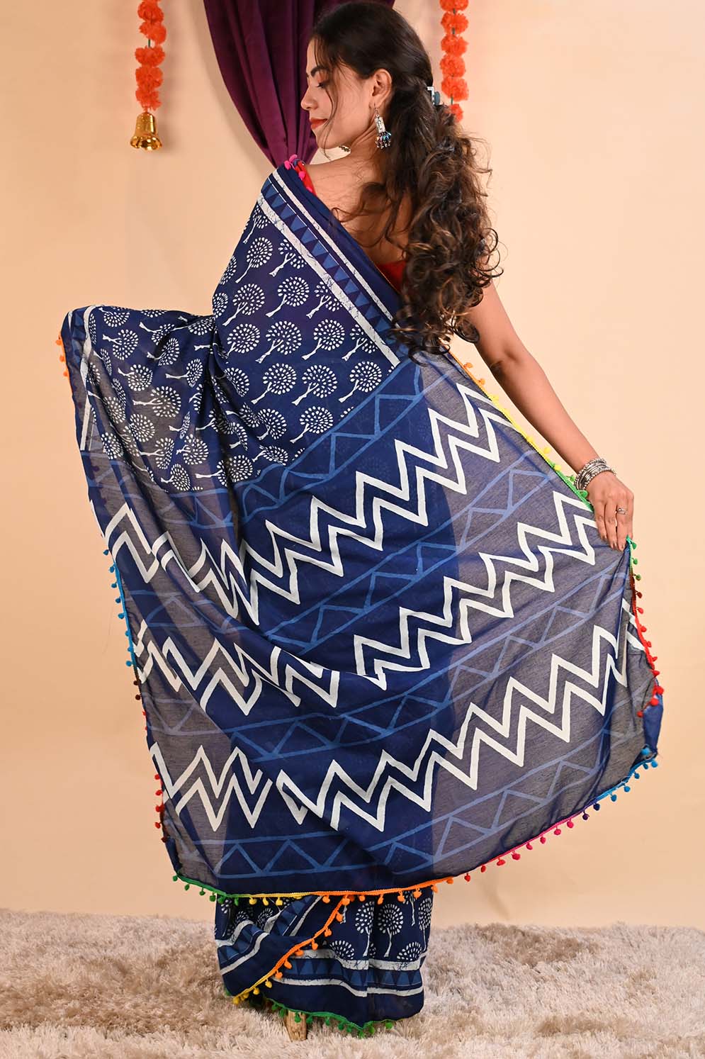 Ready to wear Indigo Blockprint Mul Mul Cotton With Pom Pom Wrap in 1 minute Saree - Image 6