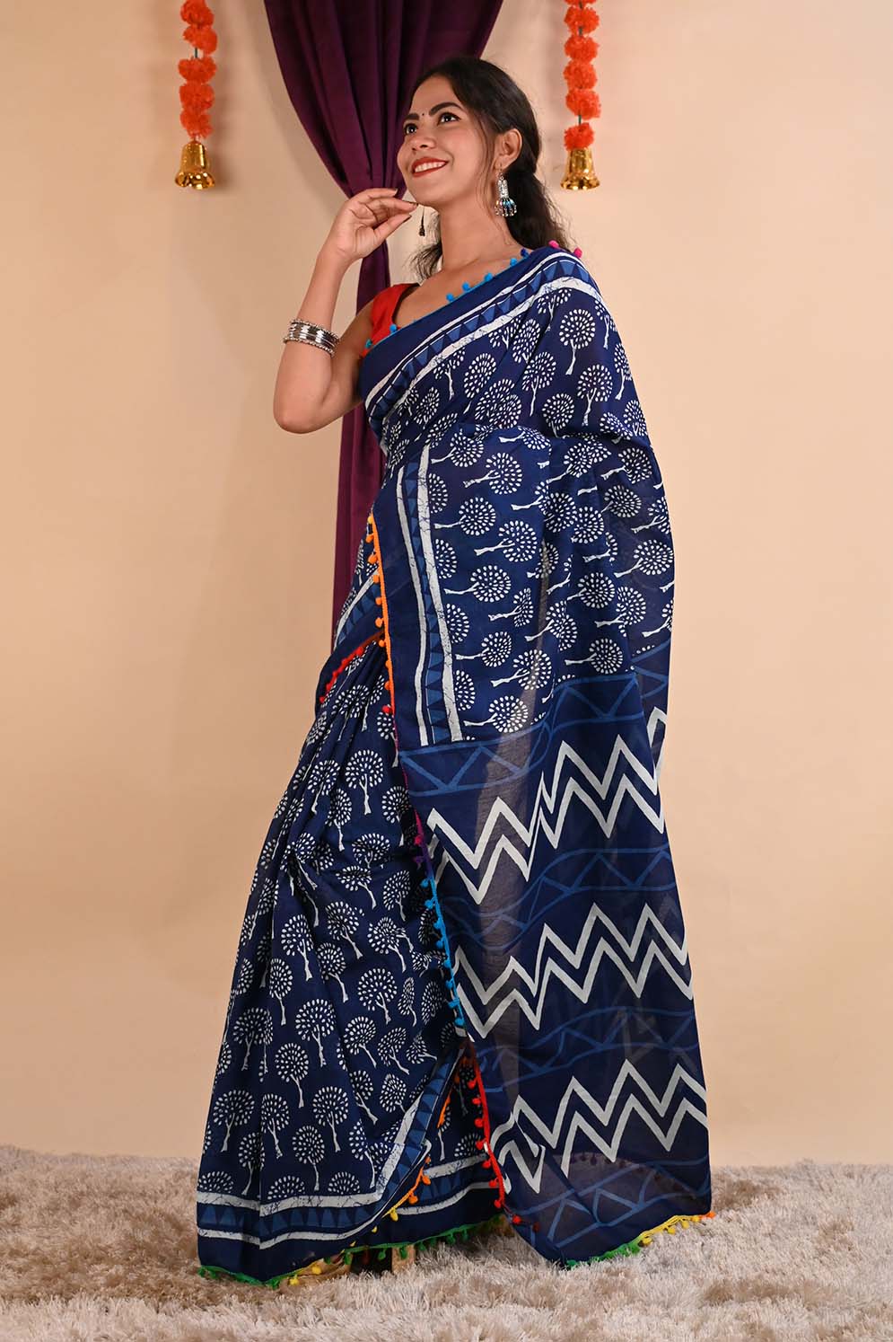 Ready to wear Indigo Blockprint Mul Mul Cotton With Pom Pom Wrap in 1 minute Saree - Image 7