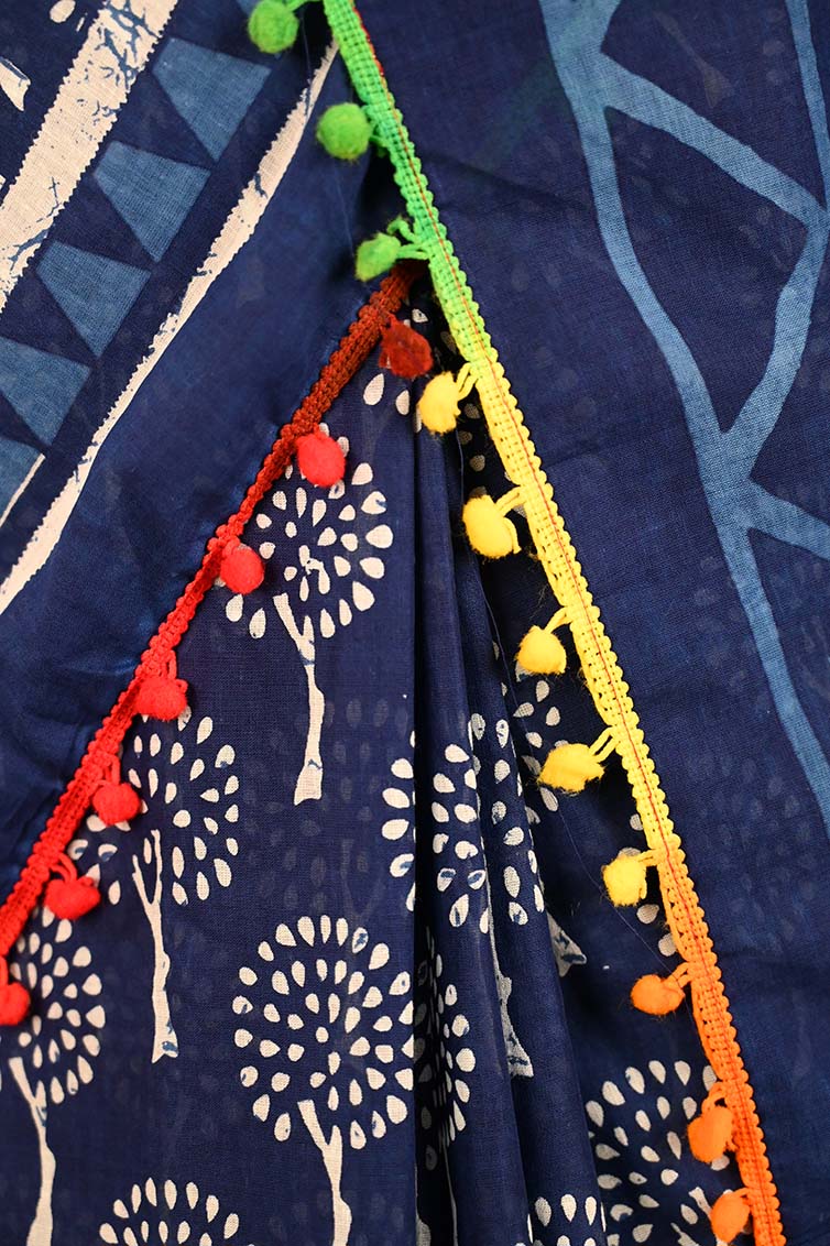Ready to wear Indigo Blockprint Mul Mul Cotton With Pom Pom Wrap in 1 minute Saree - Image 8