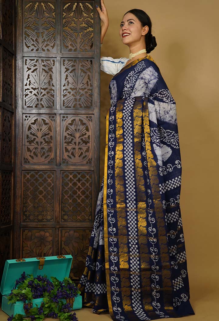 Ready To Wear Indigo Hand Dyed & Hand Wax with Zari Bordered Wrap In One Minute Saree - Image 5