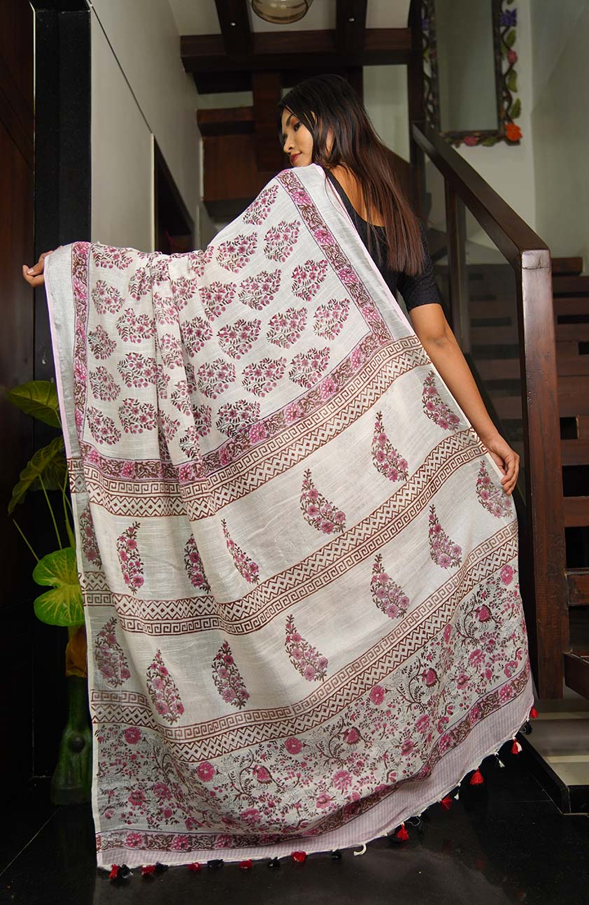 Ready To Wear Jaipuri Sanganeri Overall Handblock Printed With Tassels On Pallu Wrap In One Minute Saree - Image 6