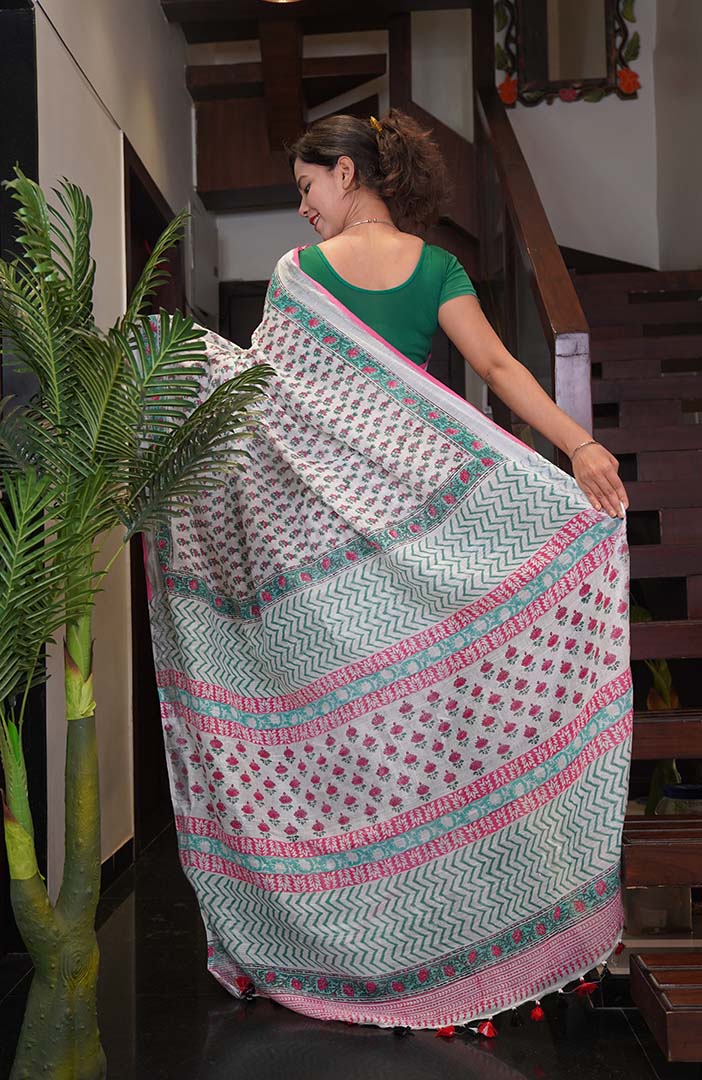 Ready To Wear Jaipuri Sanganeri Print Cotton Linen With Tassels Wrap in one minute saree - Image 4