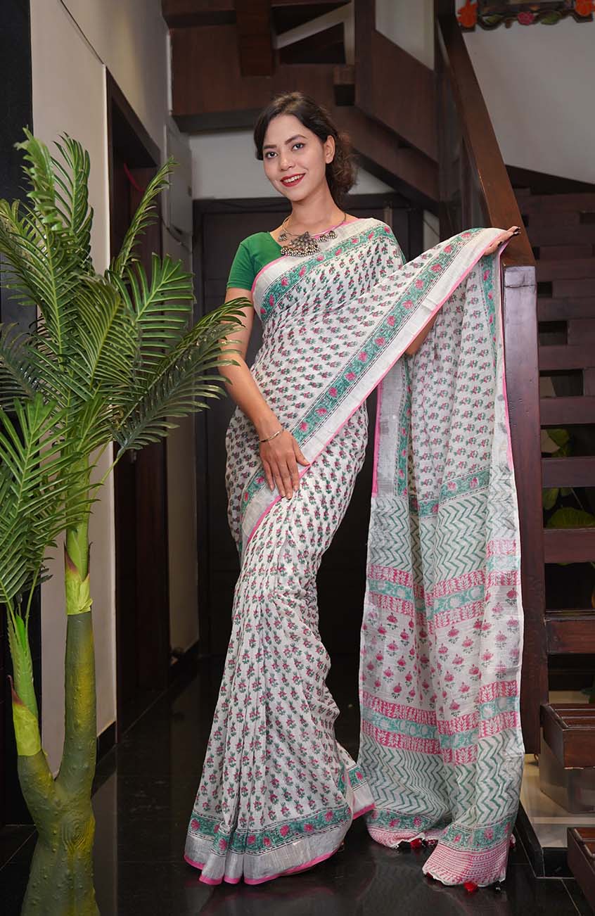 Ready To Wear Jaipuri Sanganeri Print Cotton Linen With Tassels Wrap in one minute saree - Image 6