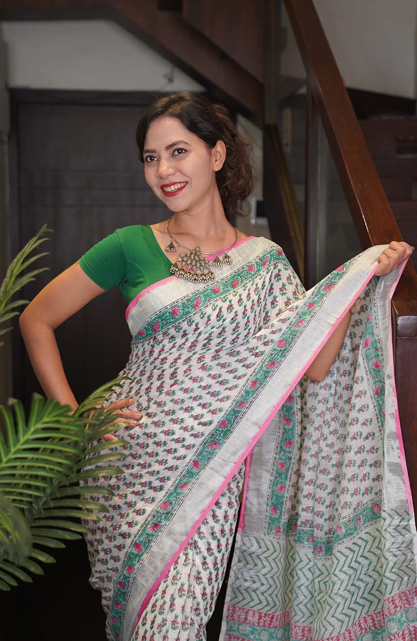 Ready To Wear Jaipuri Sanganeri Print Cotton Linen With Tassels Wrap in one minute saree - Image 7