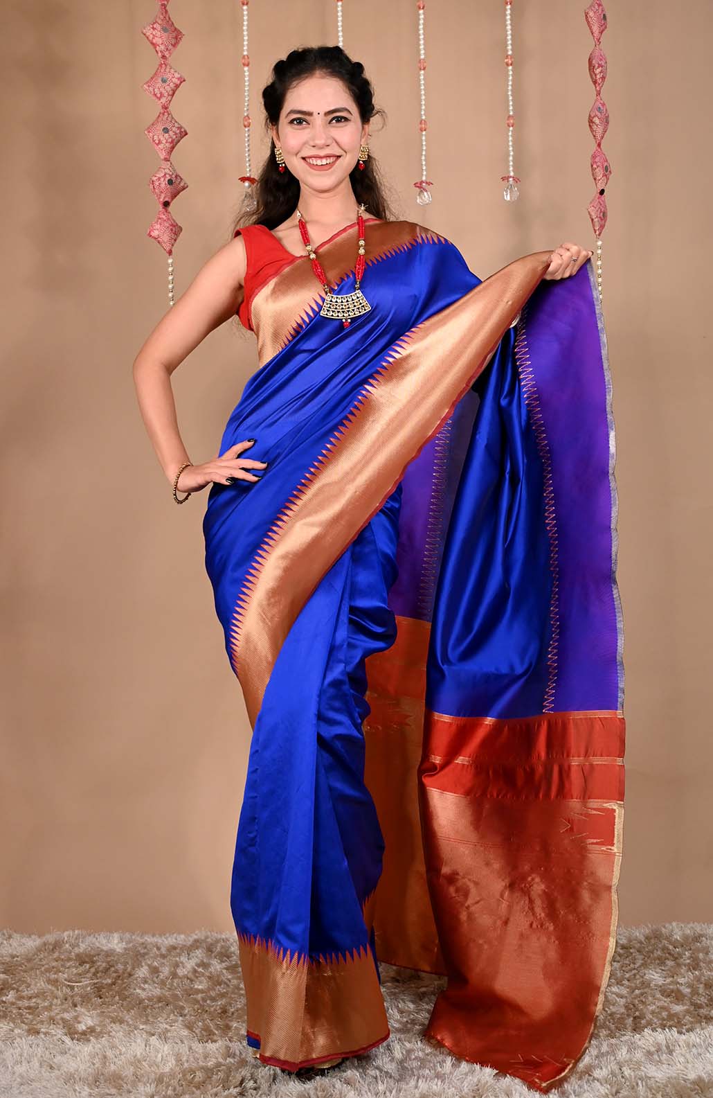 Ready To Wear Kanjivaram Lichi Silk mix with Raw Silk With Temple Border With Ornate Pallu Warp In One Minute Saree - Image 3