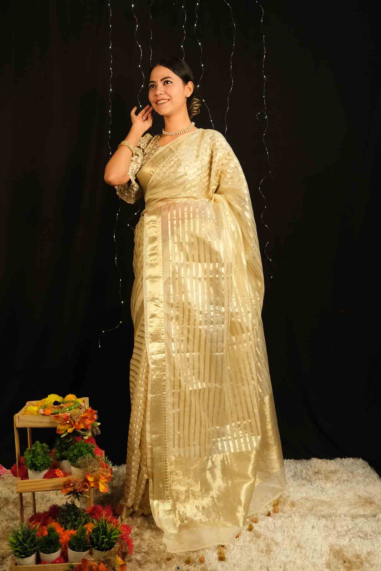 Ready To Wear Kasavu Organza with Zari lines work All Over Temple Border Pallu Wrap in 1 minute saree - Image 2