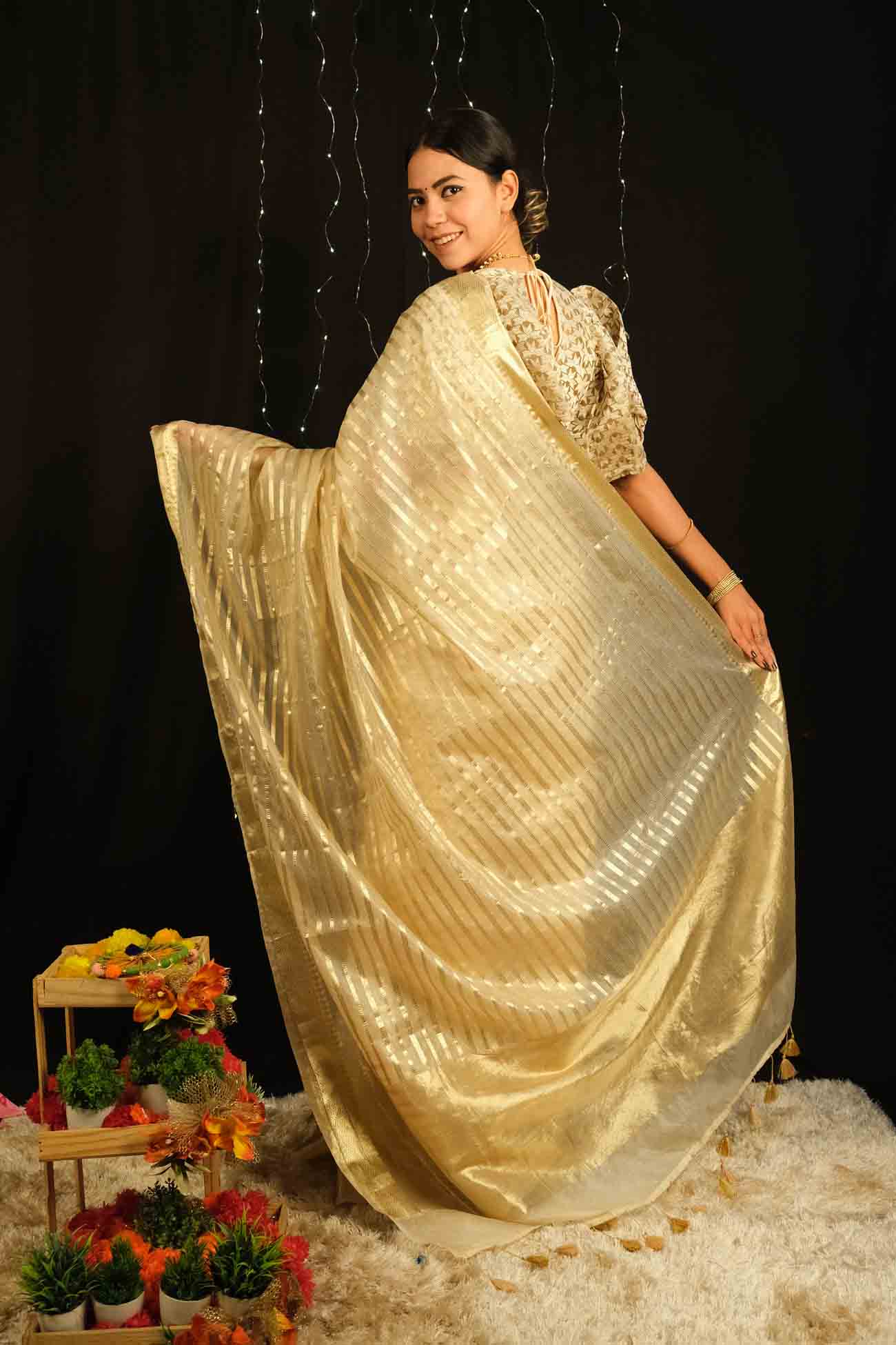Ready To Wear Kasavu Organza with Zari lines work All Over Temple Border Pallu Wrap in 1 minute saree - Image 4