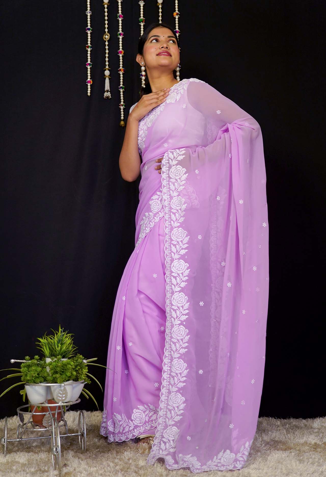 Ready To Wear Lavender With White Embroidered Border Wrap in 1 Minute Saree - Image 3