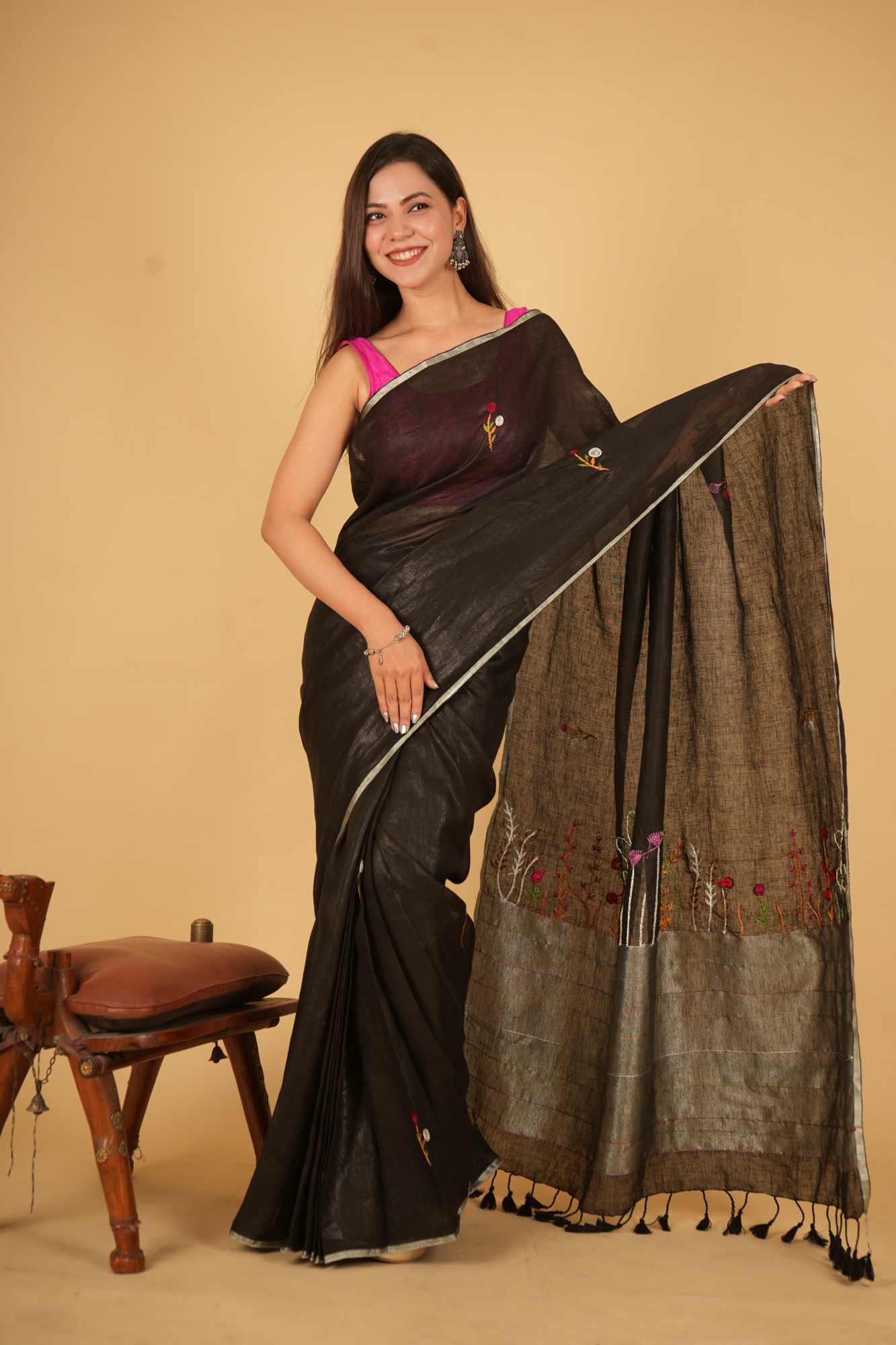 Ready to Wear Linen Silk ready to wear Saree with Hand Woven & Floral Embroidery Work - Image 2