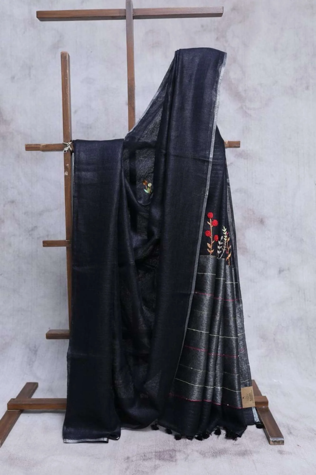 Ready to Wear Linen Silk ready to wear Saree with Hand Woven & Floral Embroidery Work - Image 5