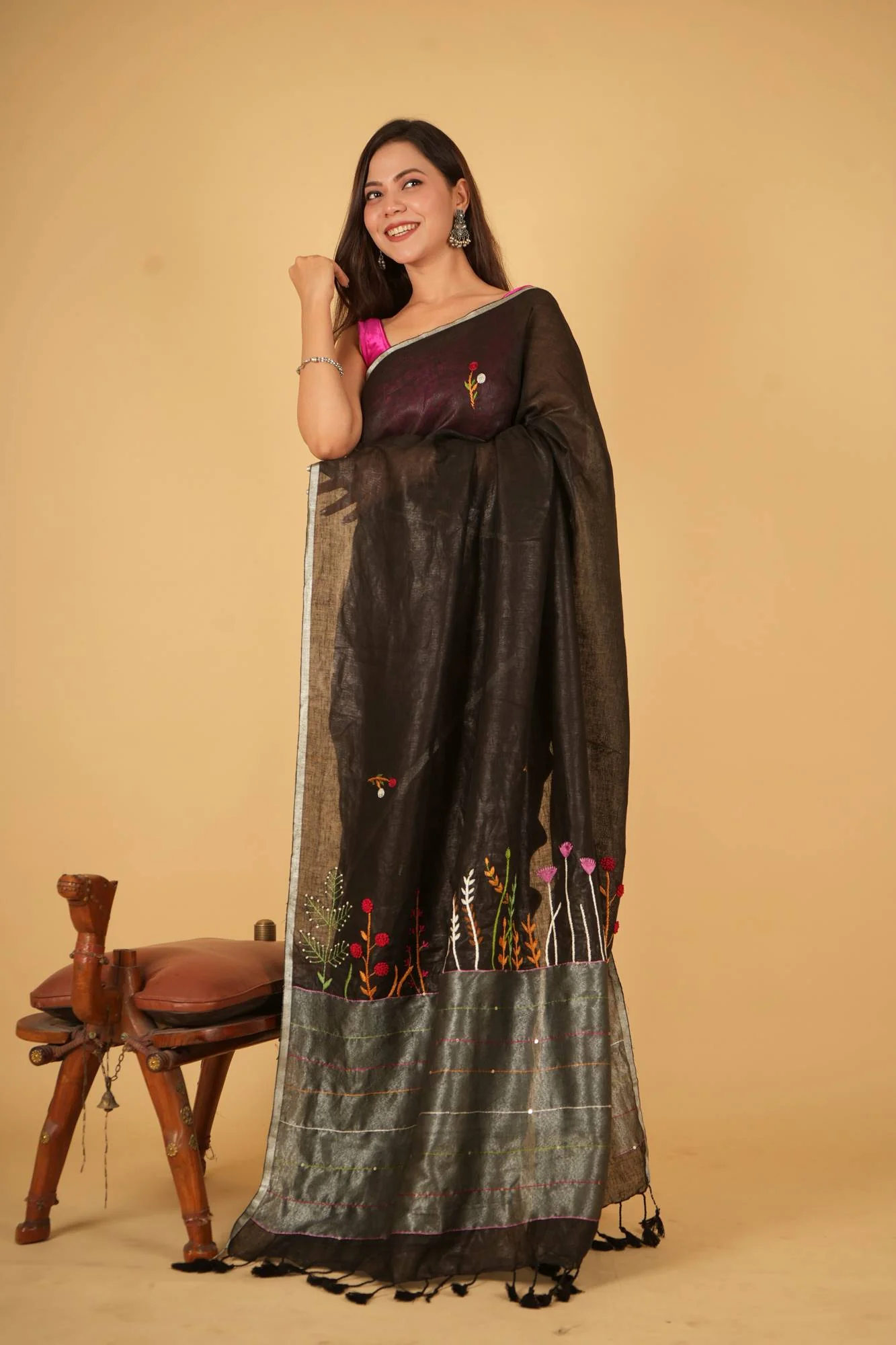 Ready to Wear Linen Silk ready to wear Saree with Hand Woven & Floral Embroidery Work - Image 8