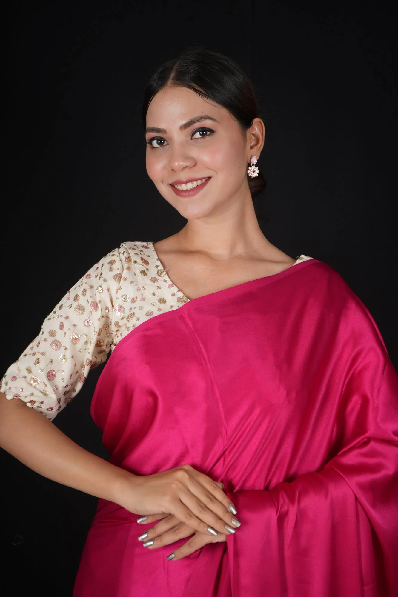 Ready to wear Off white embroidered camric Khadi Blouse with pompom - Image 2