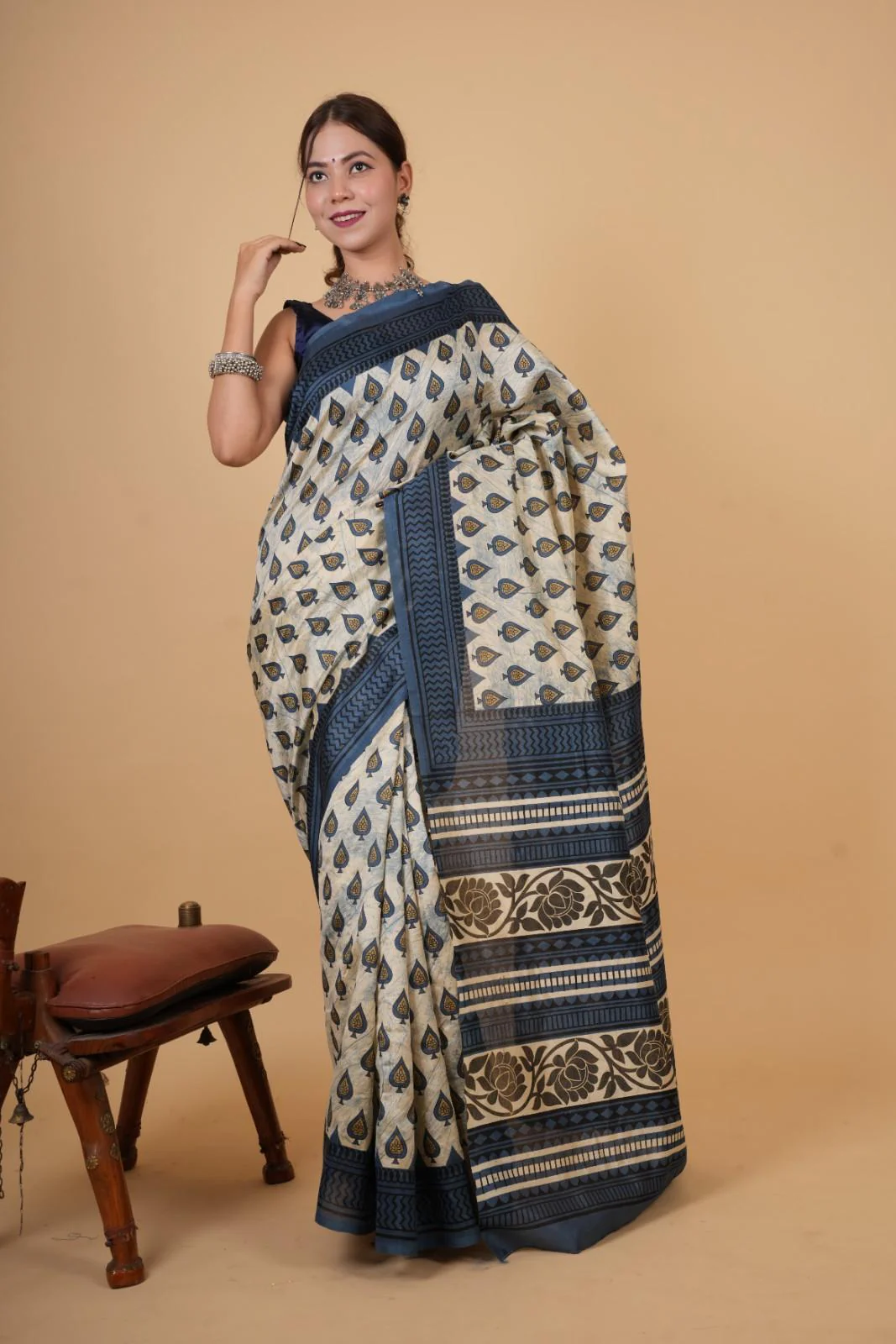 Ready To Wear off white with Dabu printed Wrap in 1 minute saree - Image 3