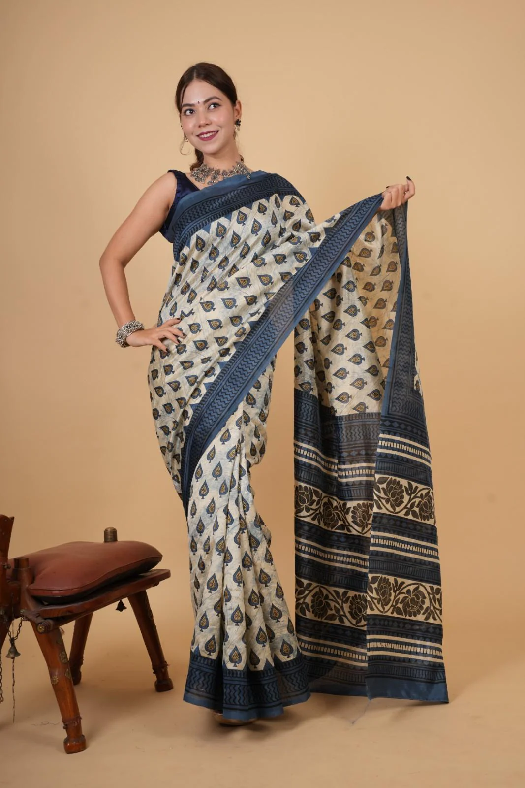 Ready To Wear off white with Dabu printed Wrap in 1 minute saree - Image 4