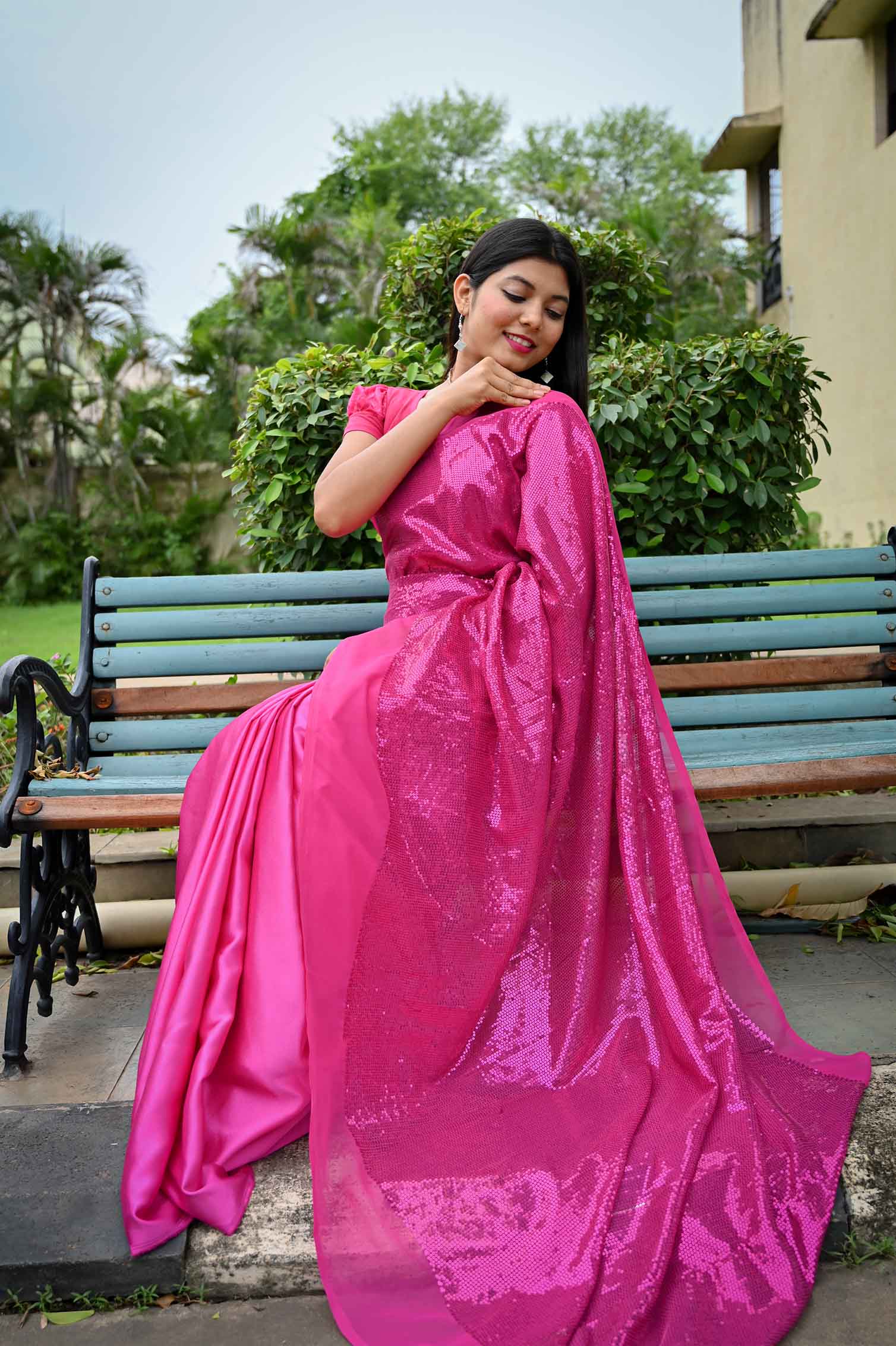 Ready to wear one minute saree Designer crimson pink dense sequin pallu and satin - Image 5