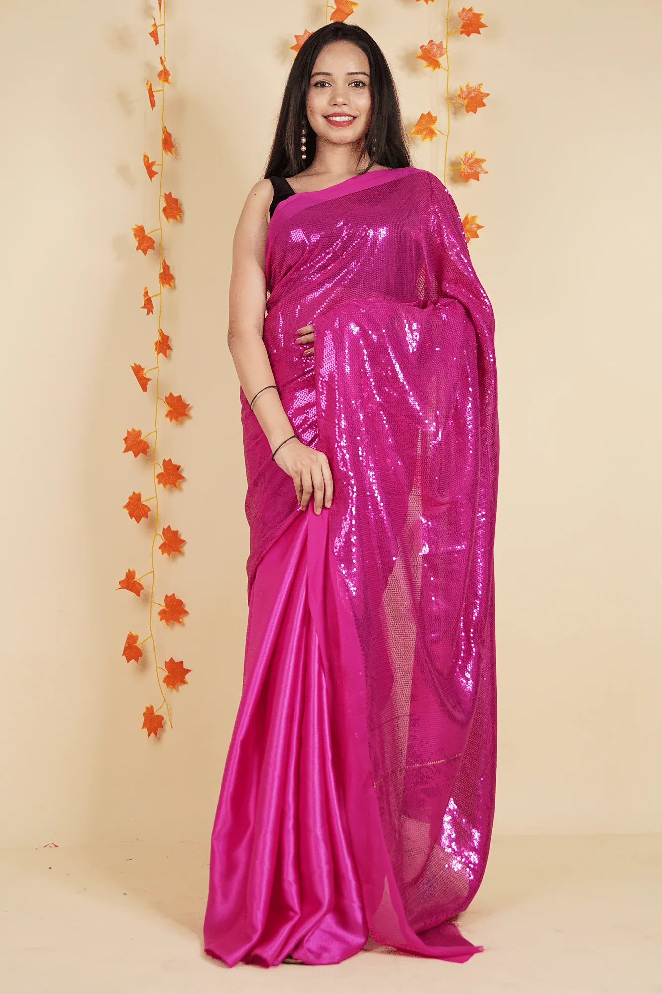 Ready to wear one minute saree Designer crimson pink dense sequin pallu and satin - Image 7