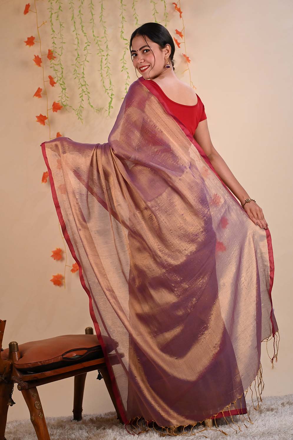 Ready To Wear Organza Tissue With Tassels Dhoop Chaanv Wine On Pallu  Wrap in 1 minute saree - Image 10