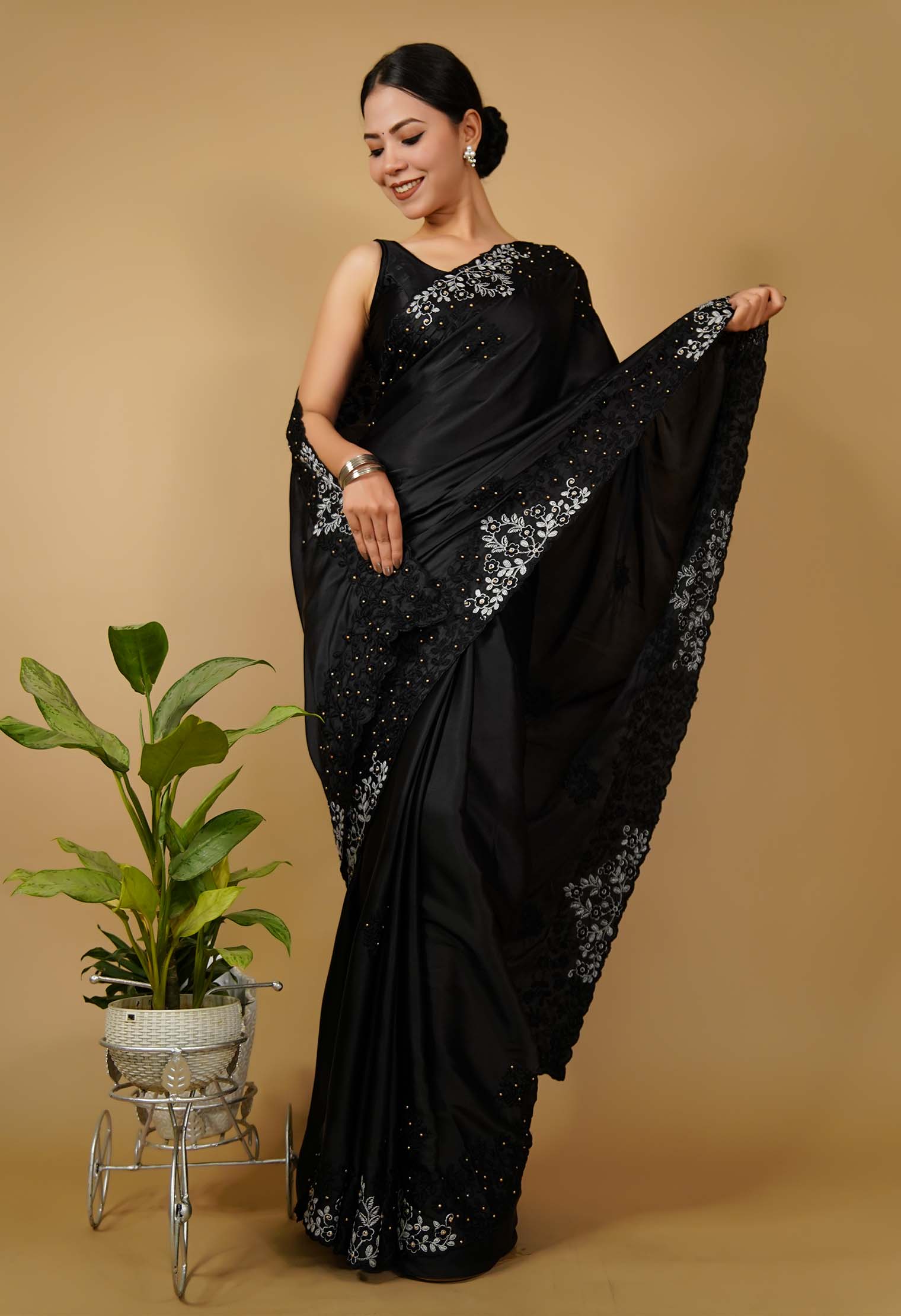 Ready to wear Parsi Gara Style Embroidery with Beads Soft Satin Silk Wrap in 1 minute saree - Image 3