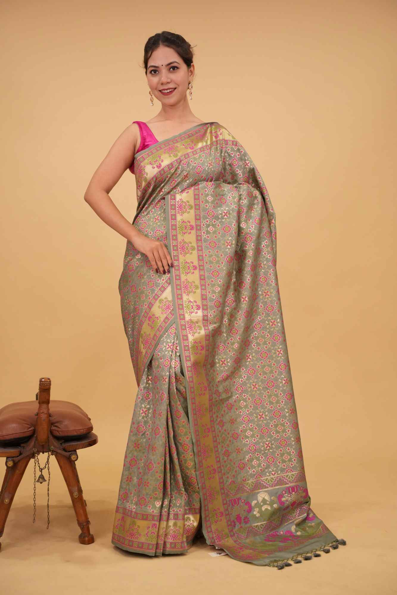 Ready To Wear Patola Ikkat Meenakari Zari Border and Pallu Prestitched Saree - Image 2