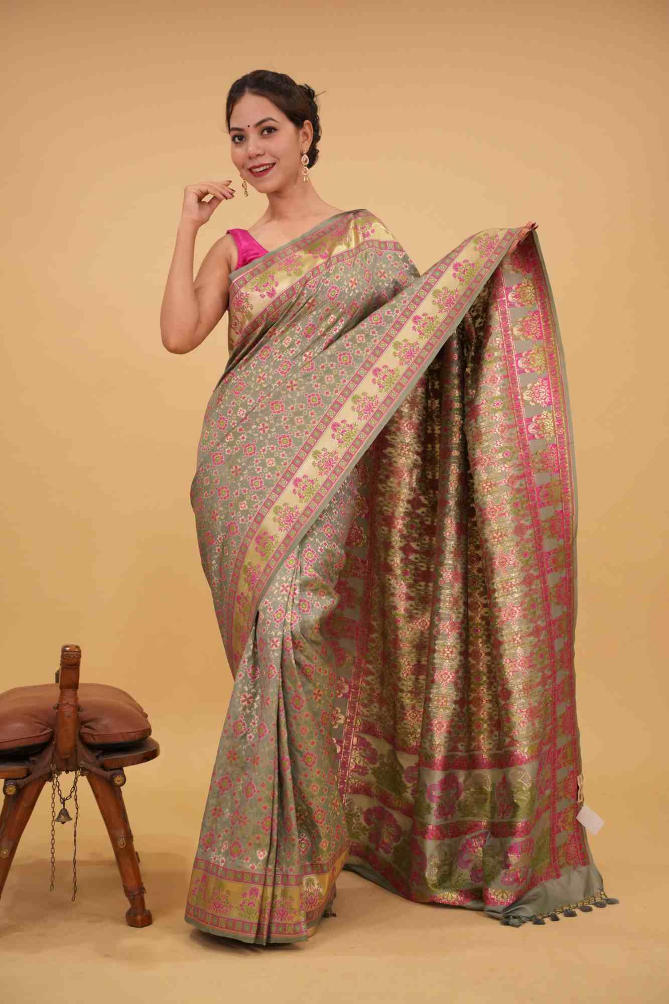 Ready To Wear Patola Ikkat Meenakari Zari Border and Pallu Prestitched Saree - Image 3