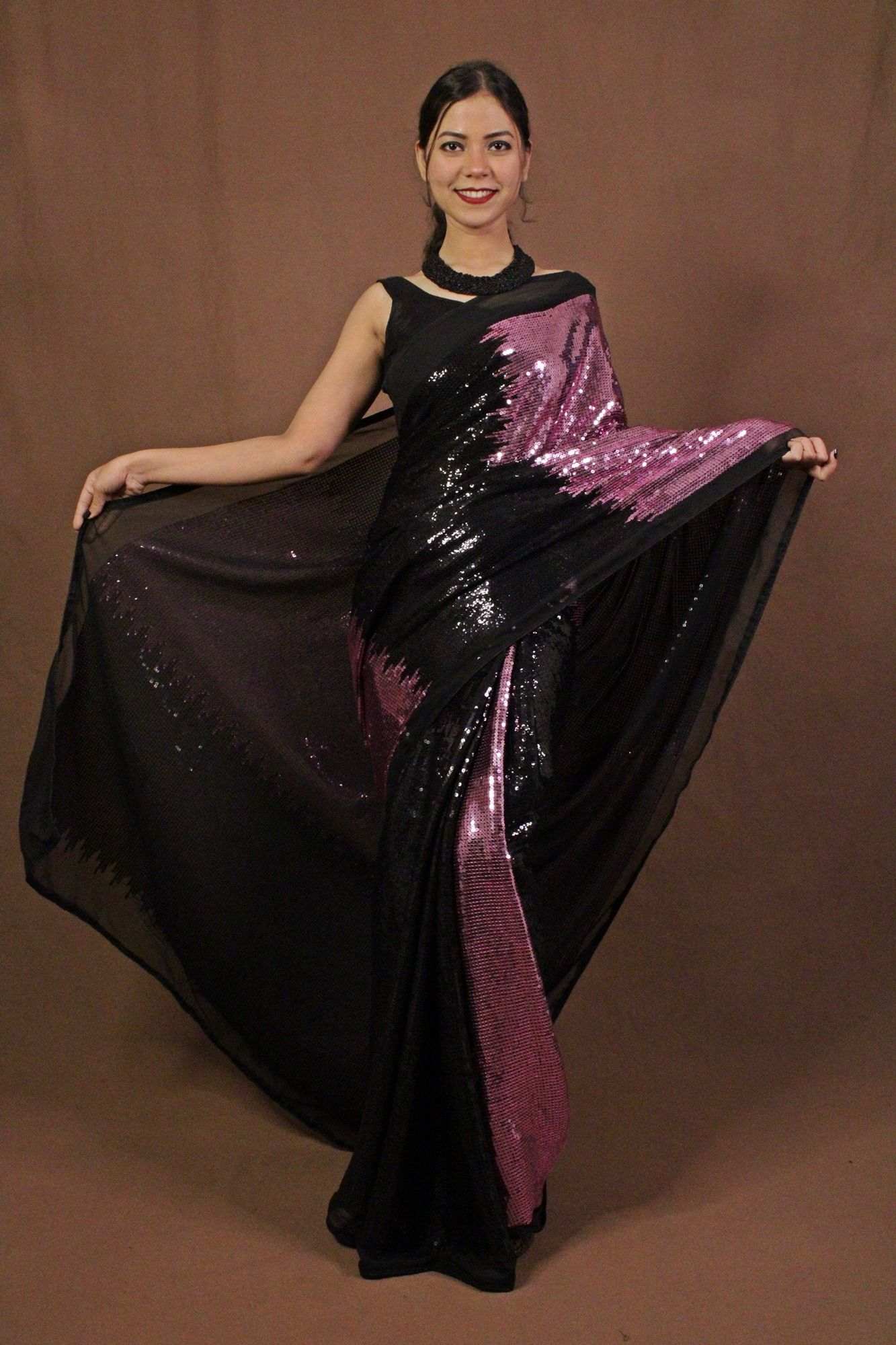 Ready to wear Pink and black sequin embellished wrap in 1 minute saree - Image 4