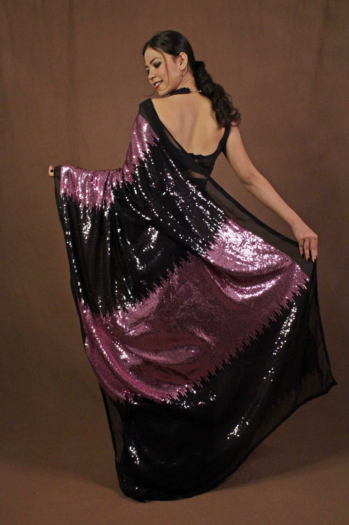 Ready to wear Pink and black sequin embellished wrap in 1 minute saree - Image 5
