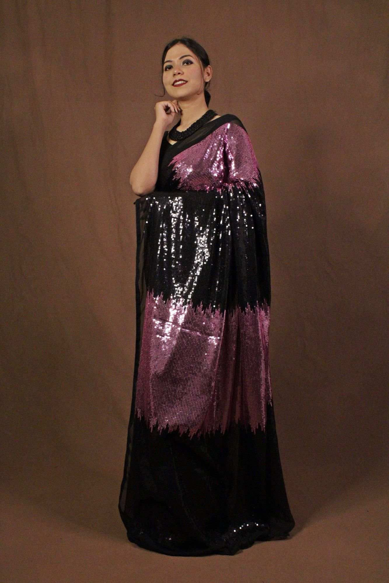 Ready to wear Pink and black sequin embellished wrap in 1 minute saree - Image 6