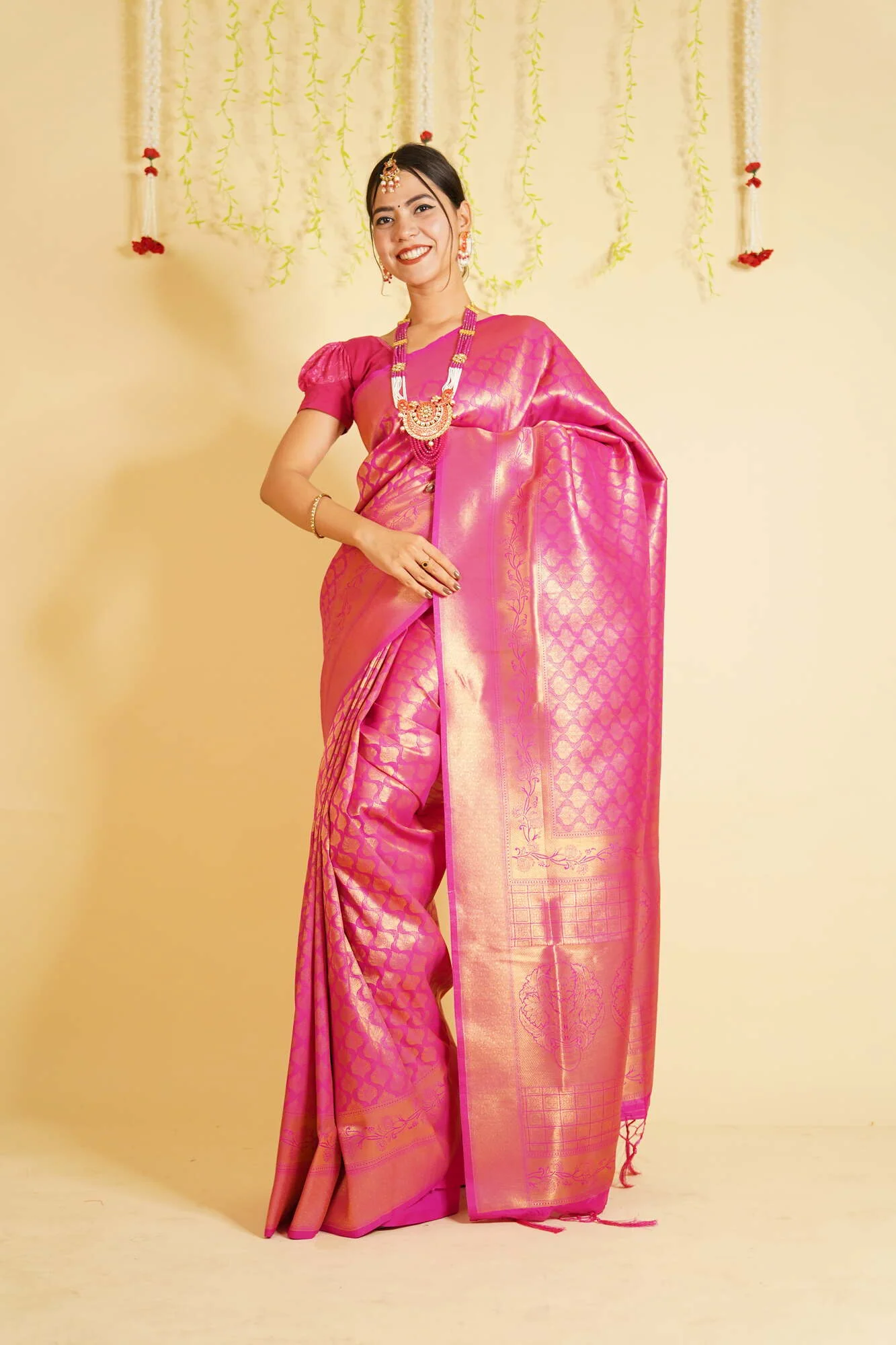Ready to Wear Pink & Gold-Toned Woven Banarasi Saree Wrap in 1 minute saree - Image 4