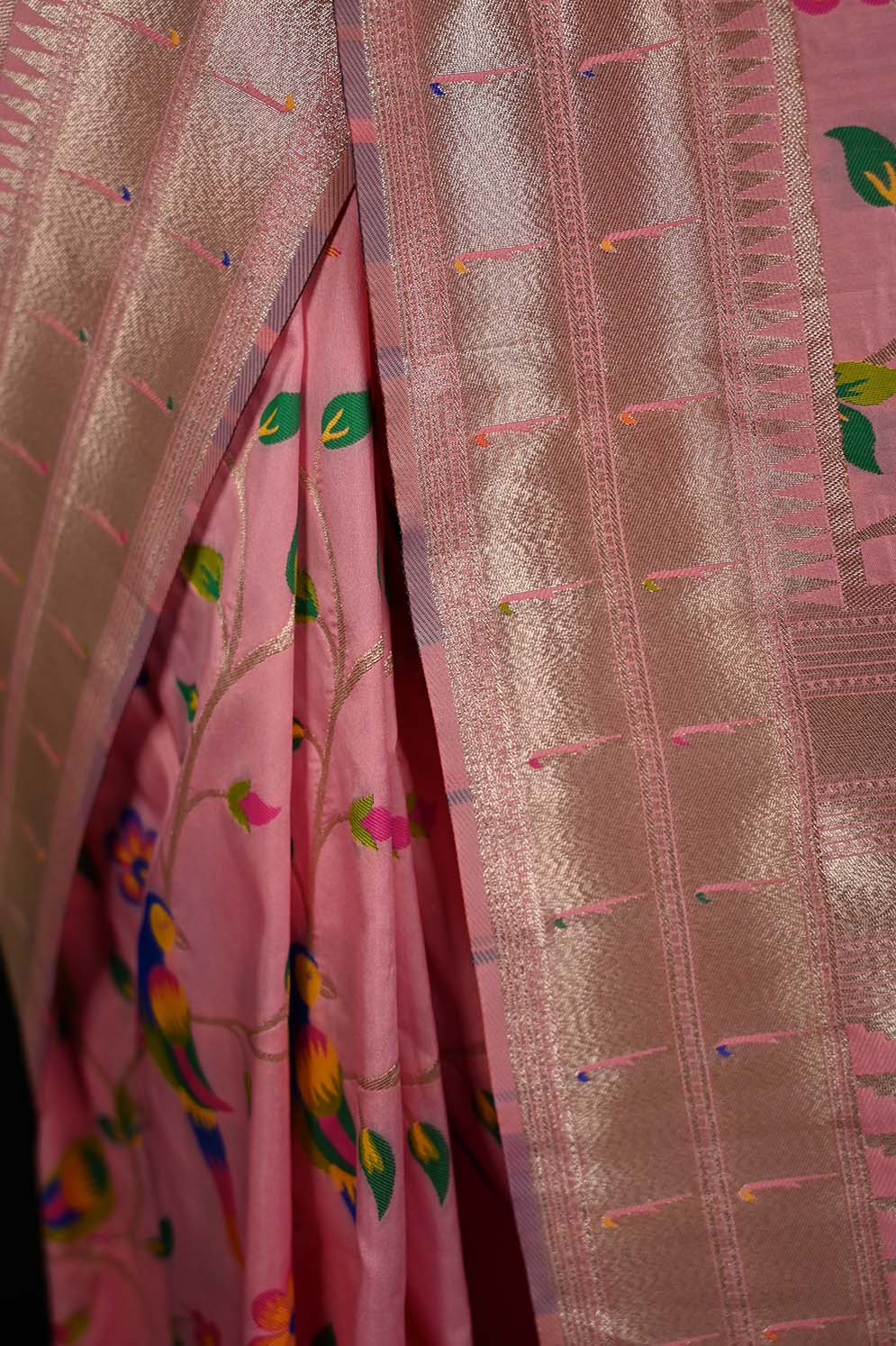 Ready to Wear Pink  Paithani Pattern Art silk With Ornate Pallu Wrap in 1 minute saree - Image 9