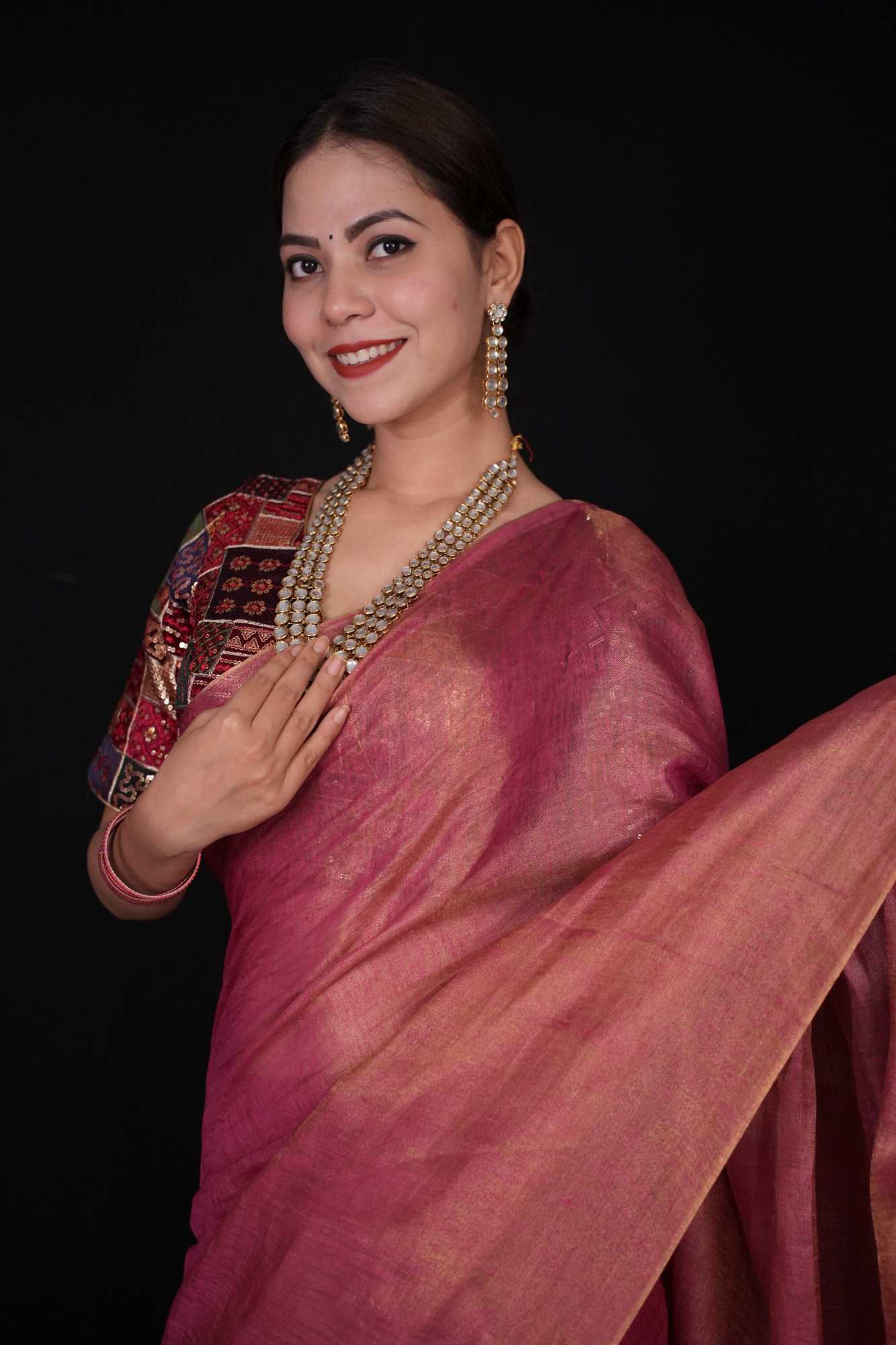 Ready To Wear Pink Tonned Premium Tissue Linen  Ornate Pallu   Wrap in 1 minute saree - Image 2