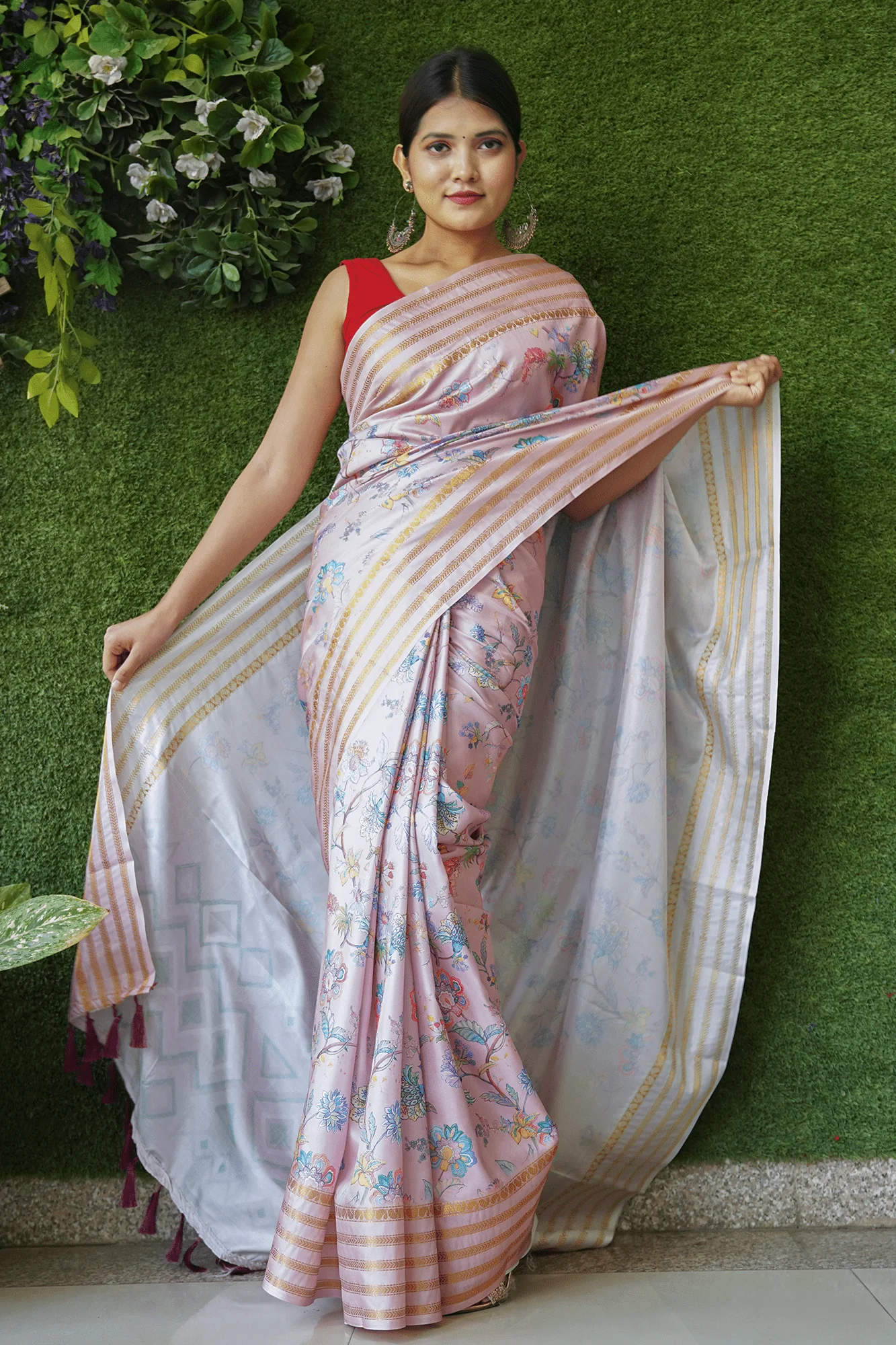 Ready To Wear Pink with Multicoloured Floral Banarsee Soft Silk Wrap in 1 minute saree - Image 8
