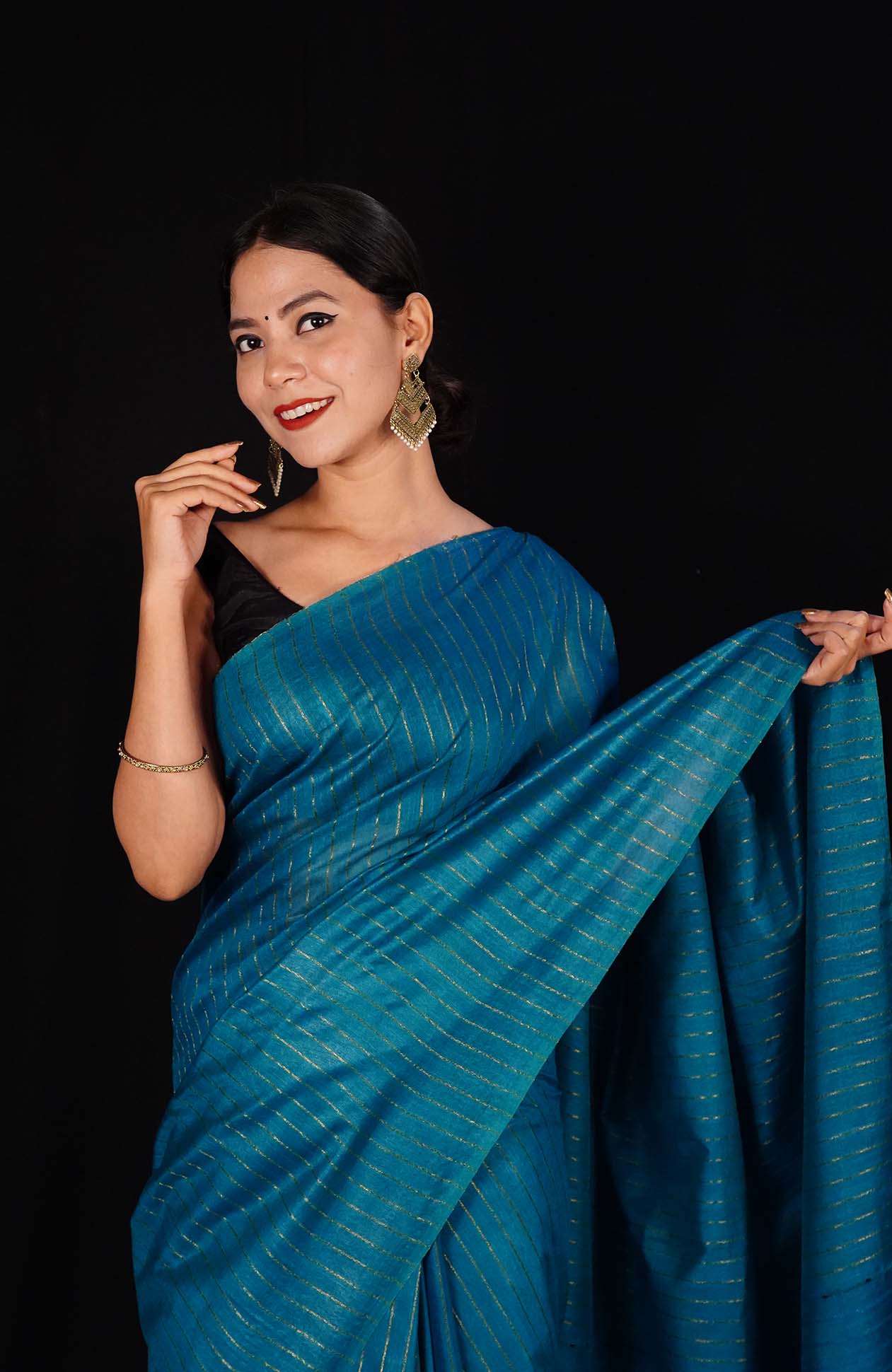 Ready To Wear Premium Bhagalpuri Cotton Silk with woven zari and sequin work all over Wrap in 1 minute saree - Image 7