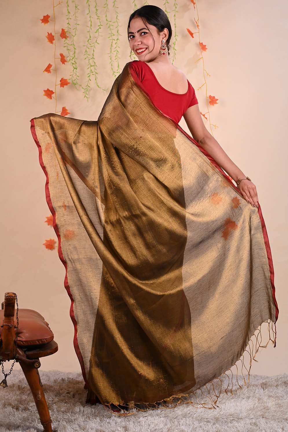 Ready To Wear Premium Organza Tissue With Tassels Dhoop Chaanv  On Pallu  Wrap in 1 minute saree - Image 5