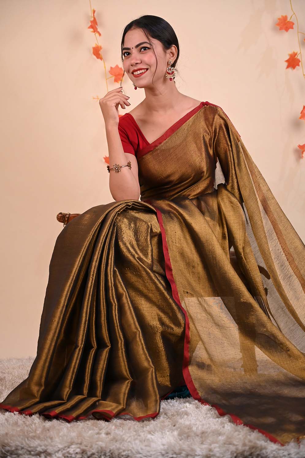 Ready To Wear Premium Organza Tissue With Tassels Dhoop Chaanv  On Pallu  Wrap in 1 minute saree - Image 7