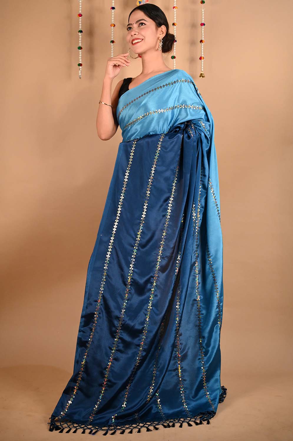 Ready To Wear Premium Soft Satin Silk Blue ombre With Sequin Embellished & Ornate palla Wrap in 1 minute saree - Image 5