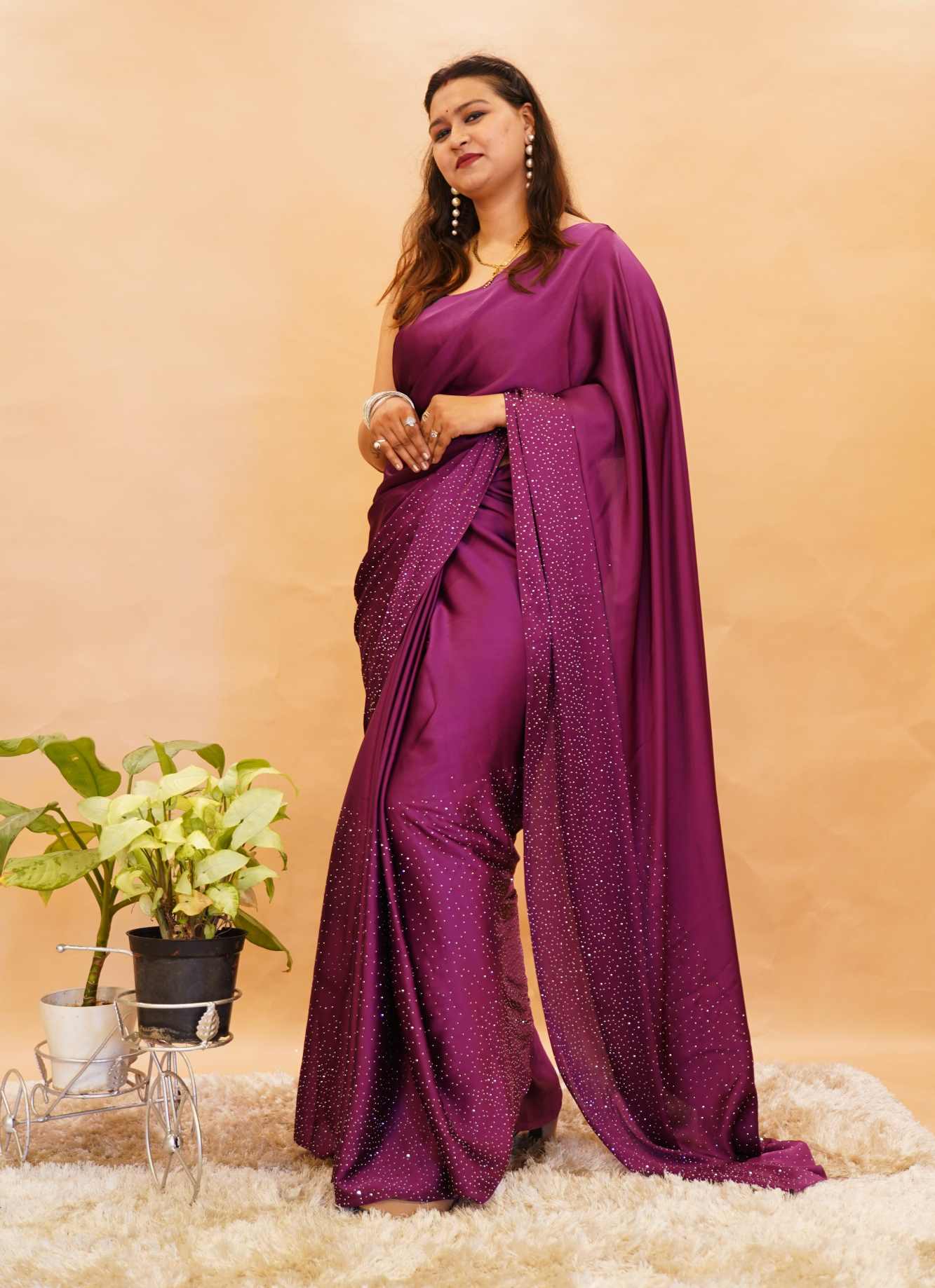 Ready to wear purple Soft Satin With  Stone Embellished  Overall Wrap In One Minute Saree - Image 2