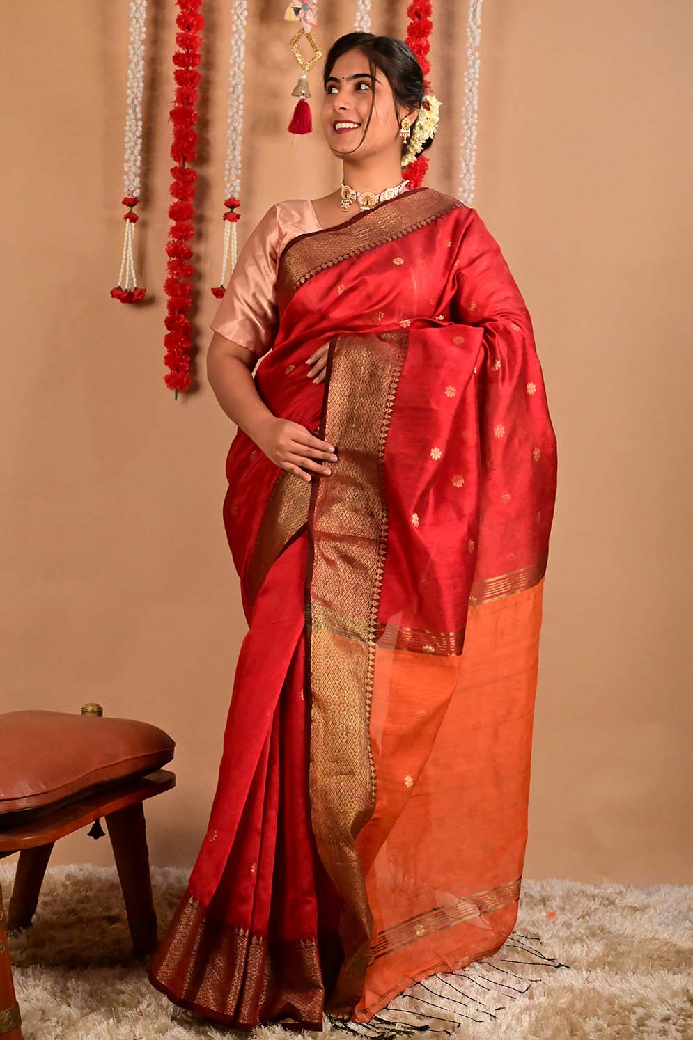 Ready To Wear Red Bhagalpuri Silk With woven zari and Mustard ornate pallu with Tassels one minute saree - Image 3