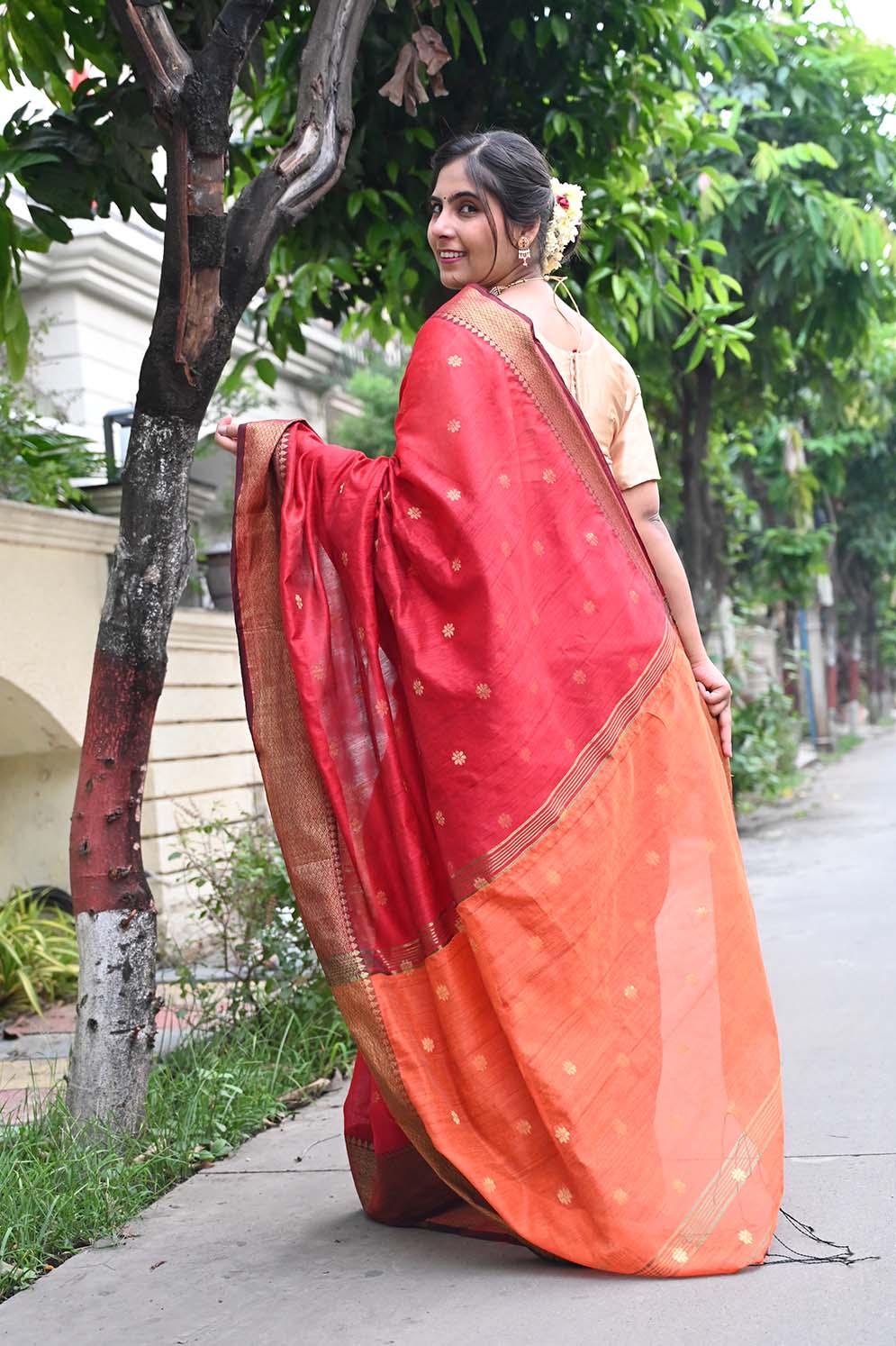 Ready To Wear Red Bhagalpuri Silk With woven zari and Mustard ornate pallu with Tassels one minute saree - Image 7
