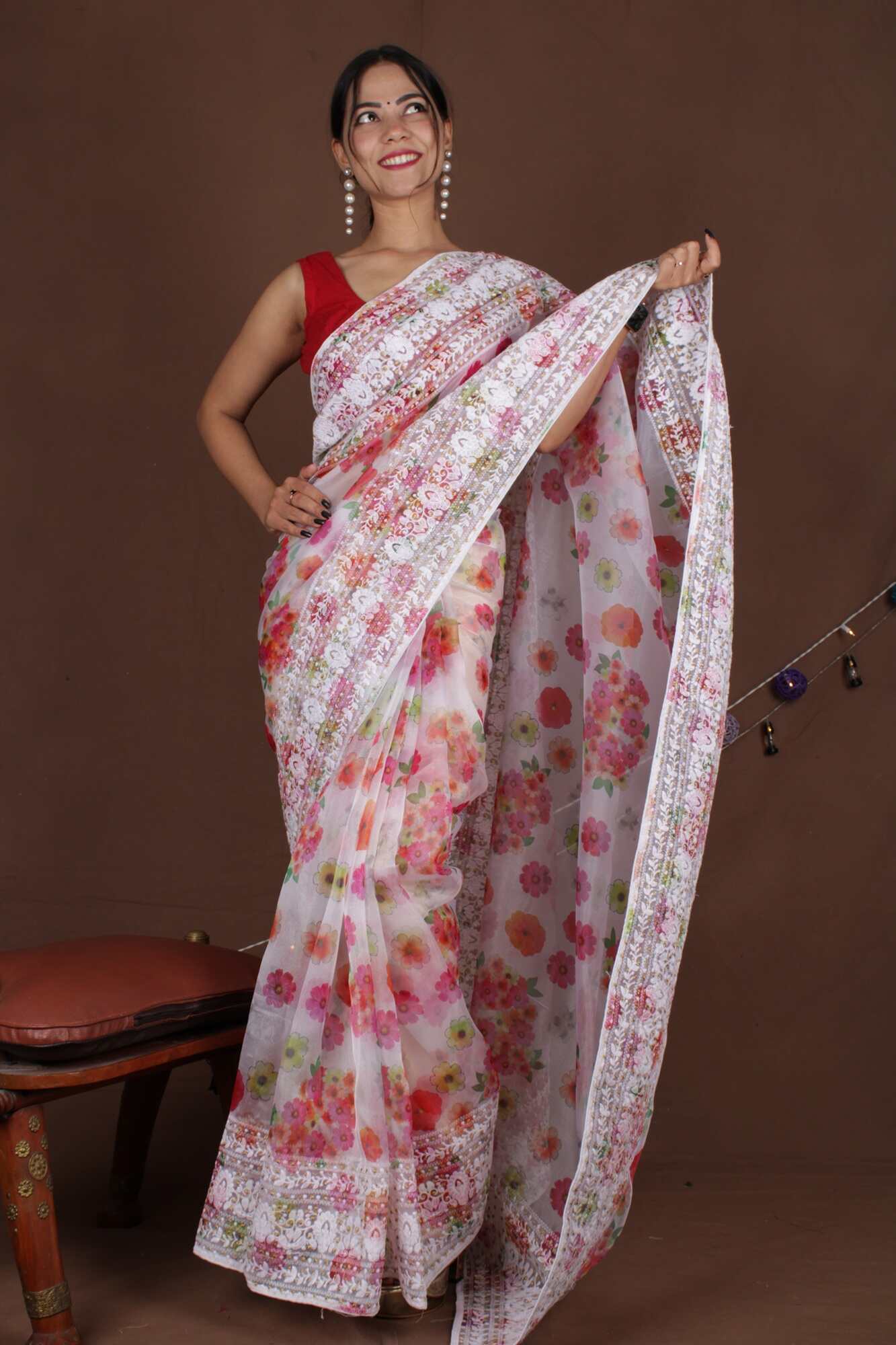 Ready to wear Saree Floral Embroidered Organza Ready to Wear One Minute Saree - Image 3