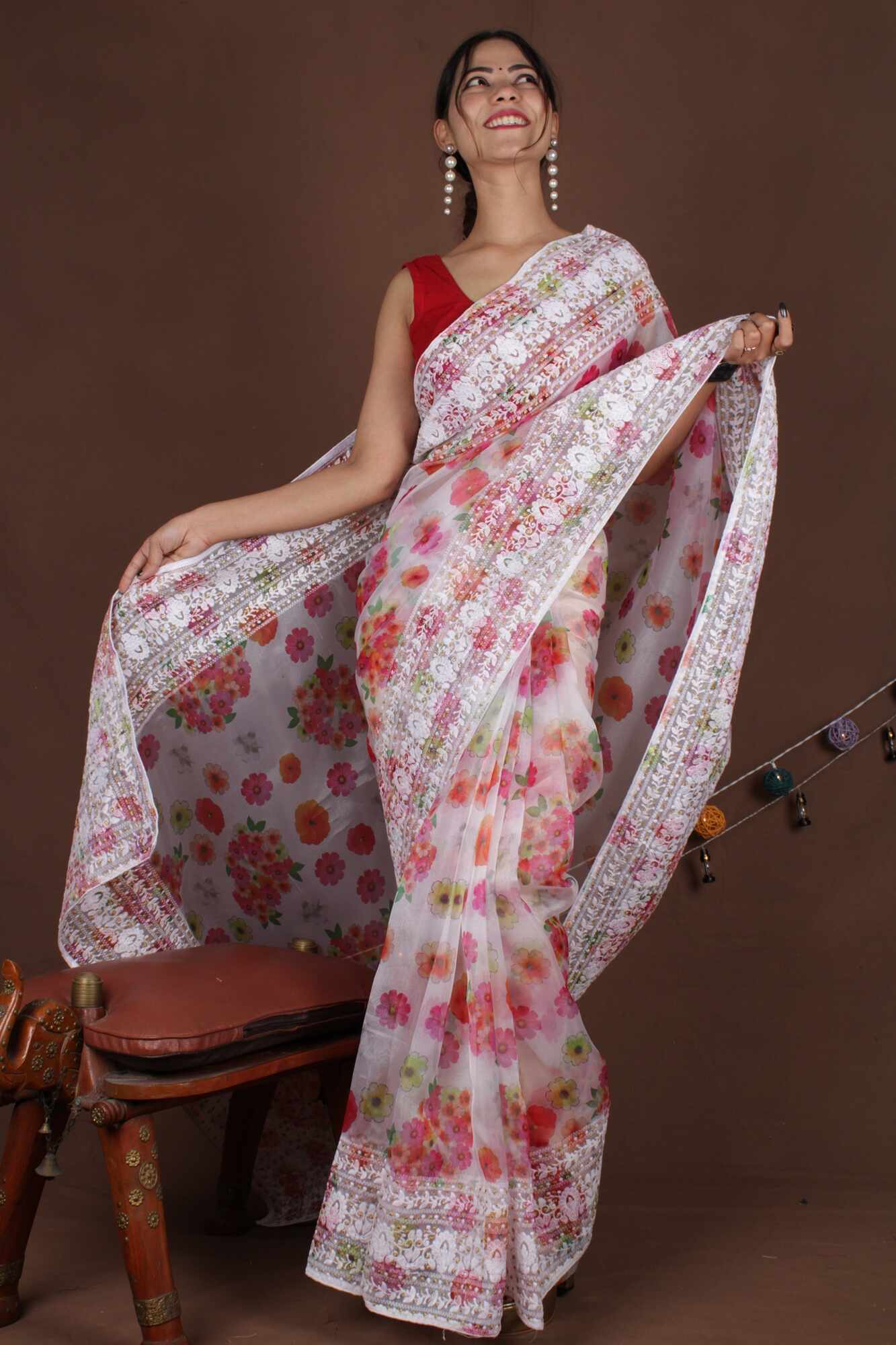Ready to wear Saree Floral Embroidered Organza Ready to Wear One Minute Saree - Image 4