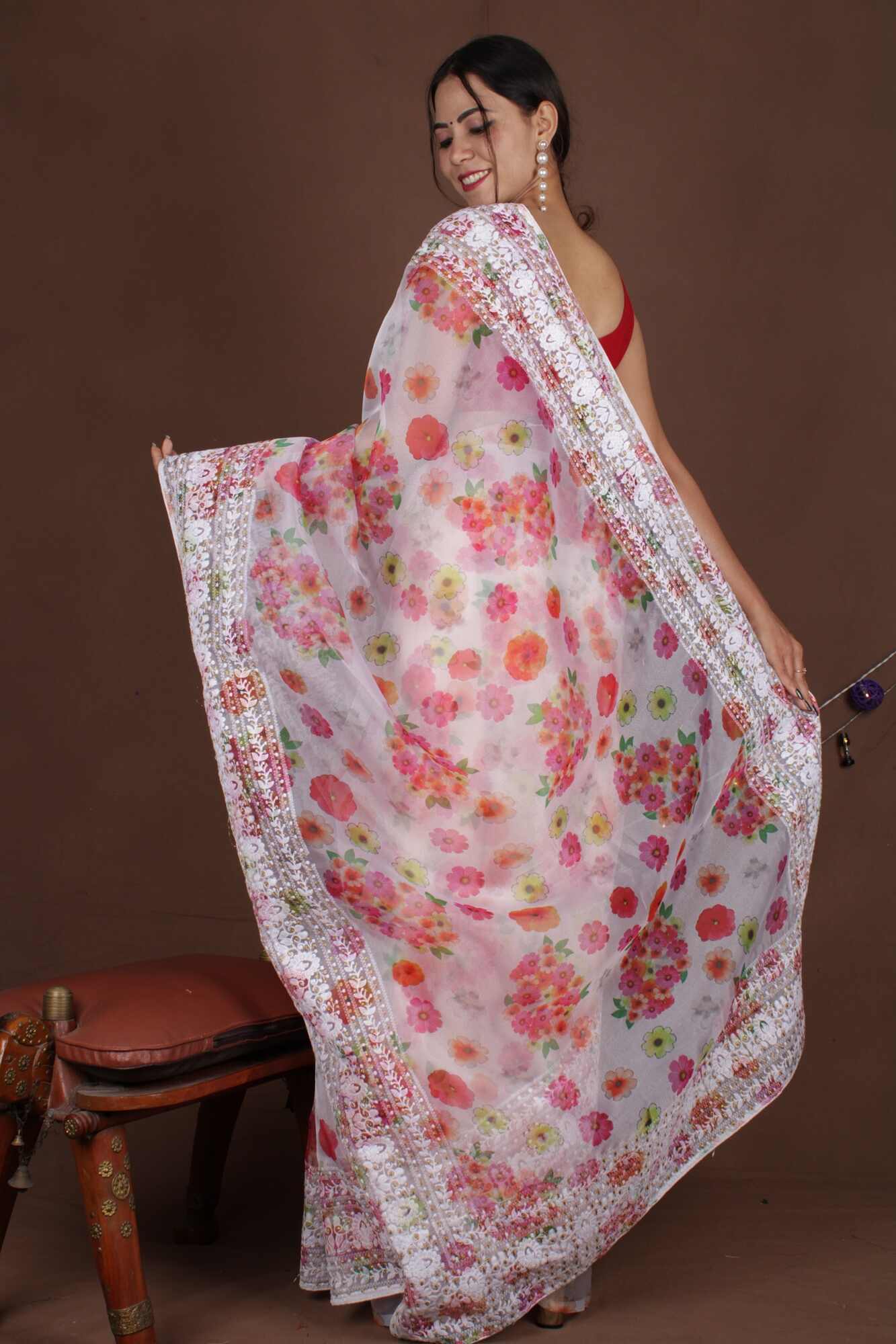 Ready to wear Saree Floral Embroidered Organza Ready to Wear One Minute Saree - Image 5