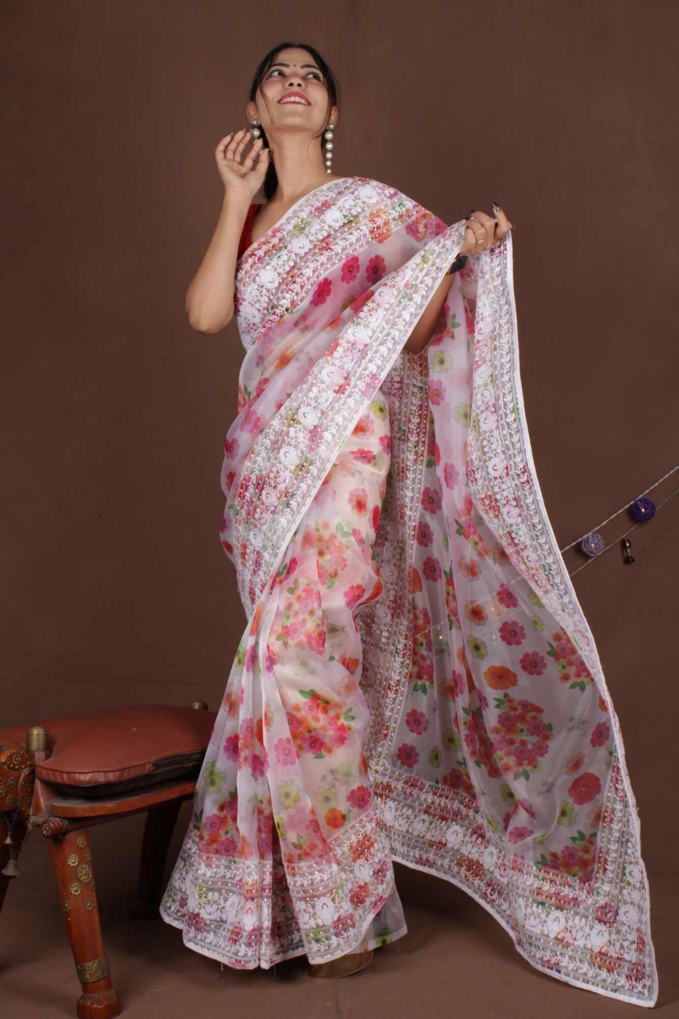 Ready to wear Saree Floral Embroidered Organza Ready to Wear One Minute Saree - Image 6